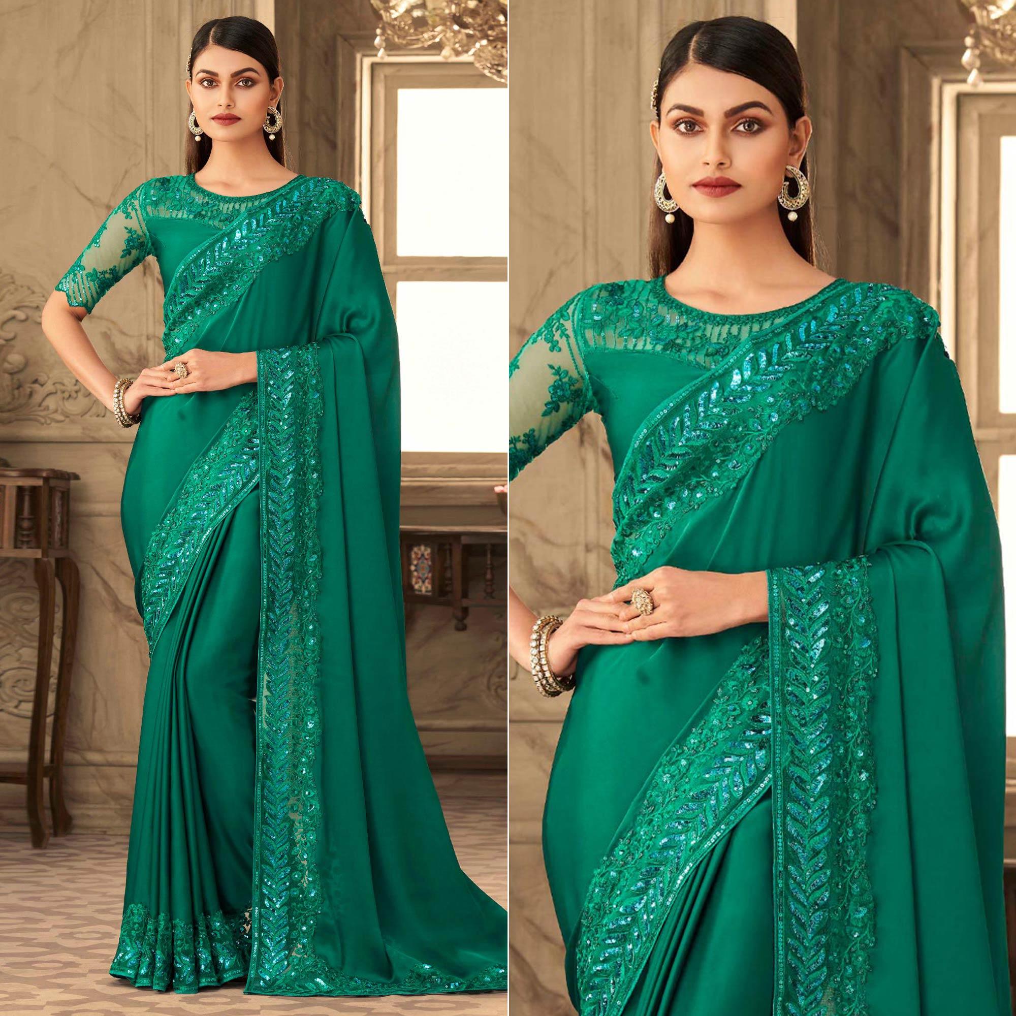 Green Partywear Sequence Embroidered  Silk Saree - Peachmode