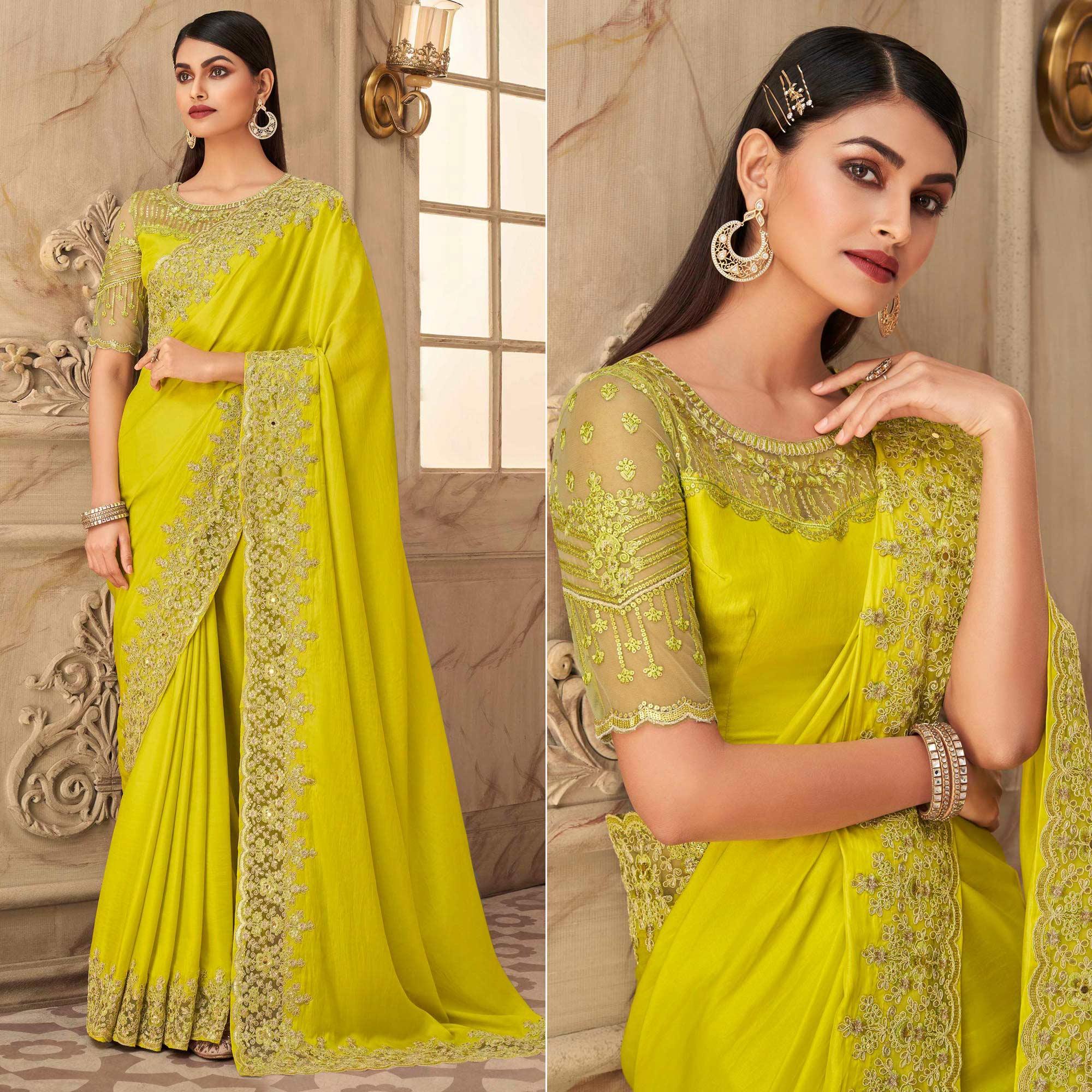 Green Partywear Sequence Embroidered Silk Saree - Peachmode