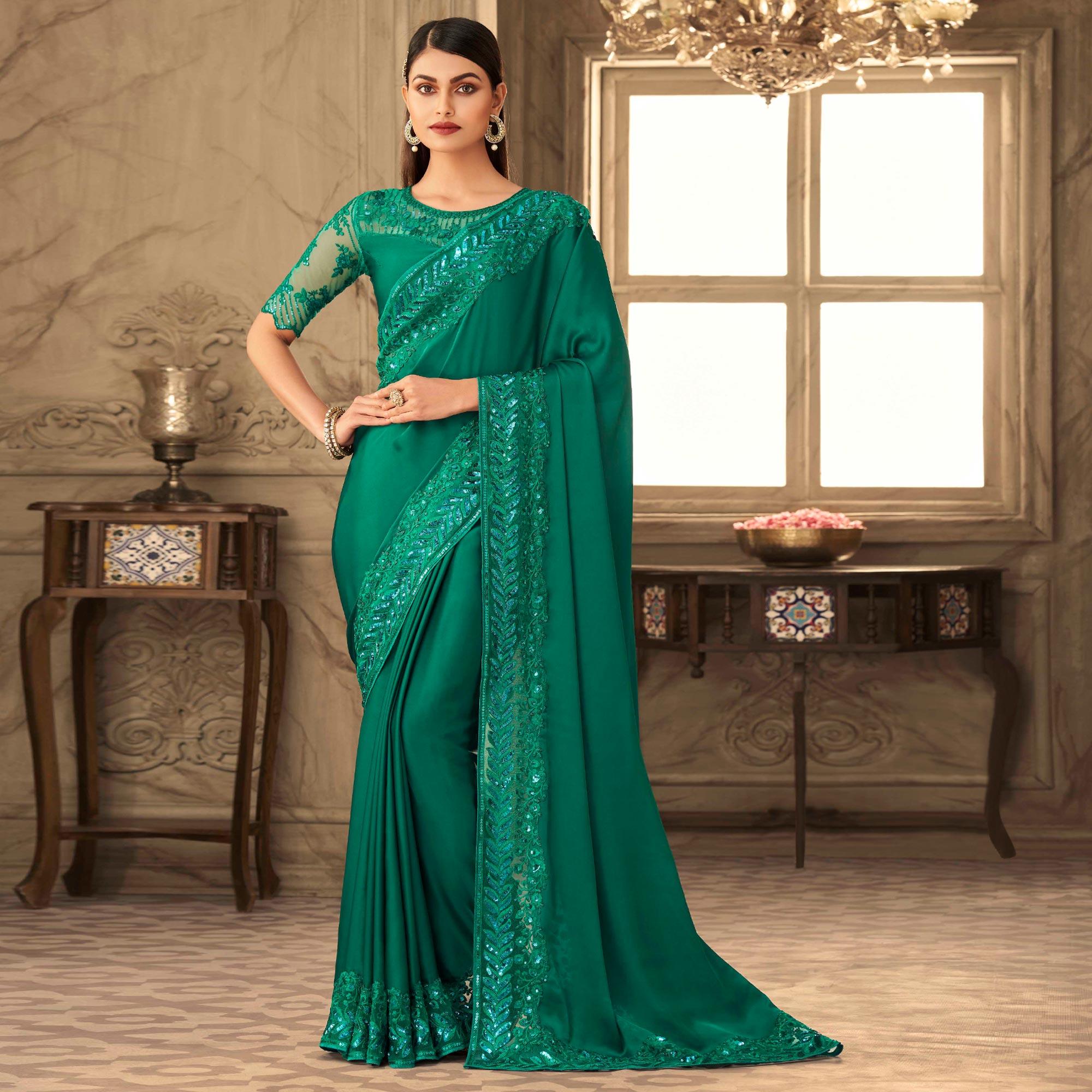 Green Partywear Sequence Embroidered  Silk Saree - Peachmode