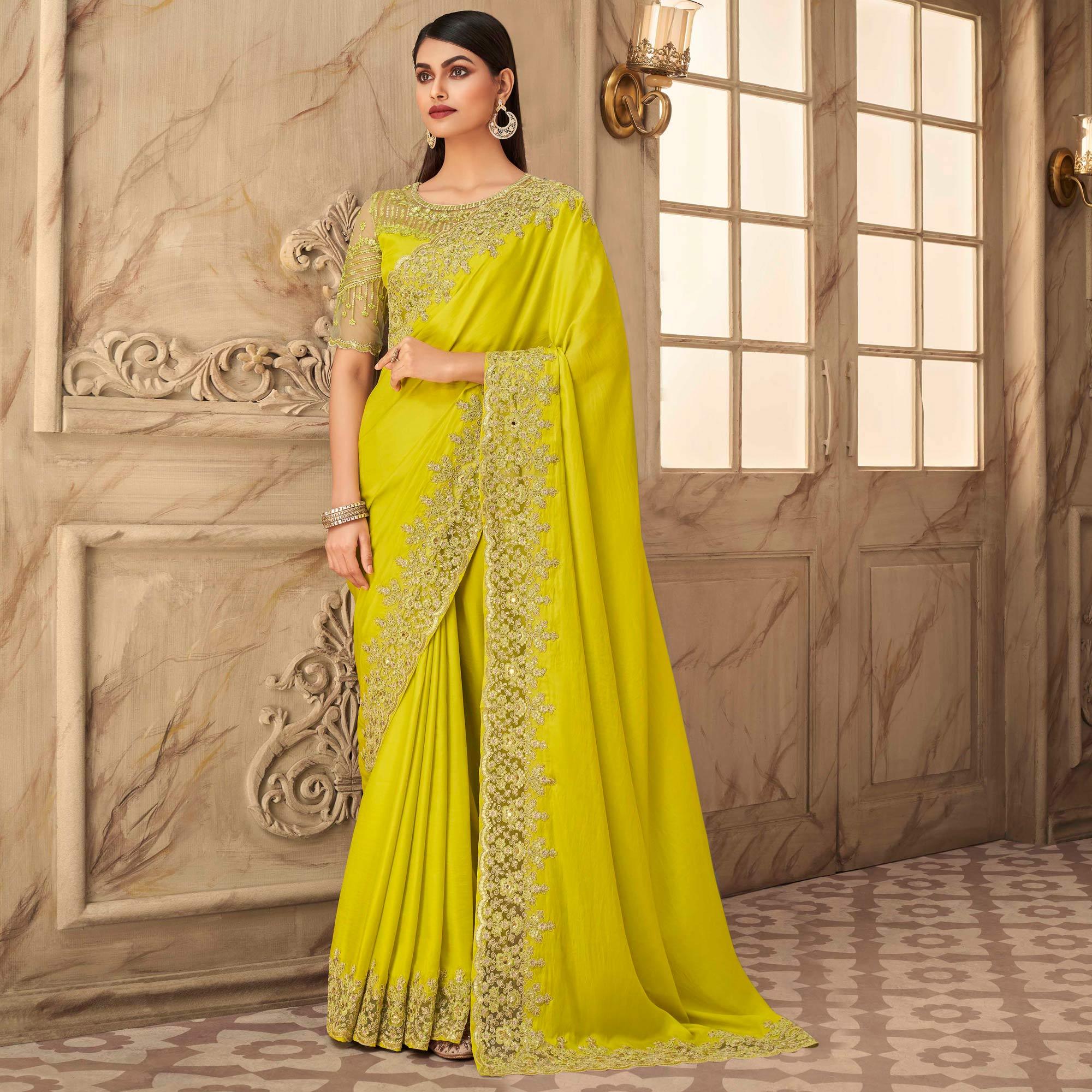 Green Partywear Sequence Embroidered Silk Saree - Peachmode