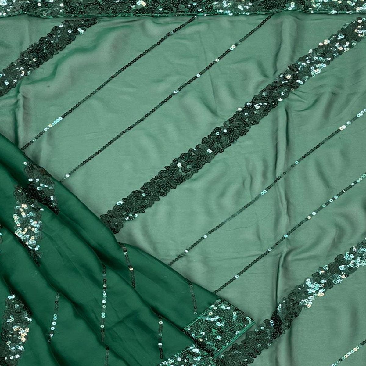 Green Partywear Sequence Embroidered Silk Saree - Peachmode
