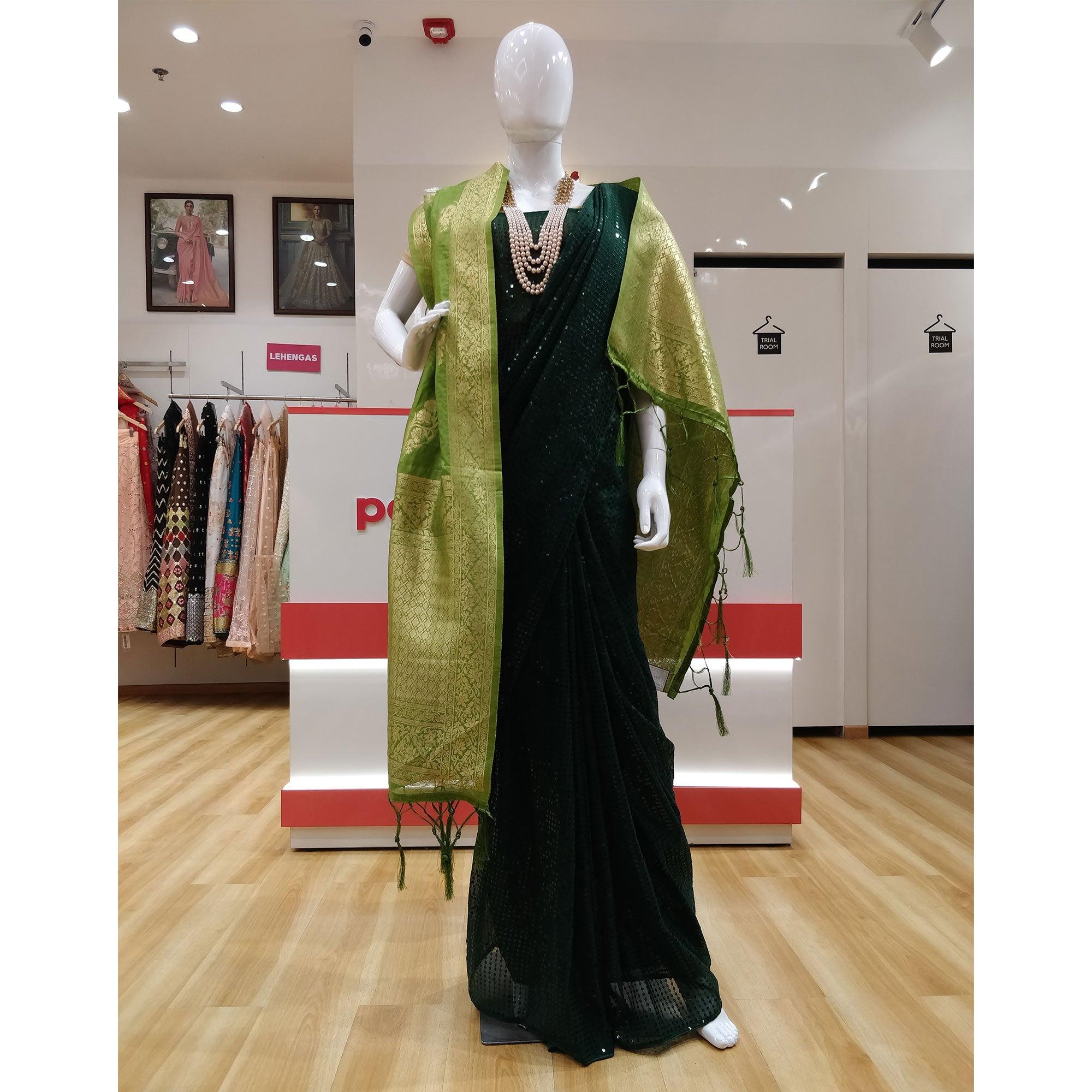 Green Partywear Sequence Work Georgette Saree - Peachmode