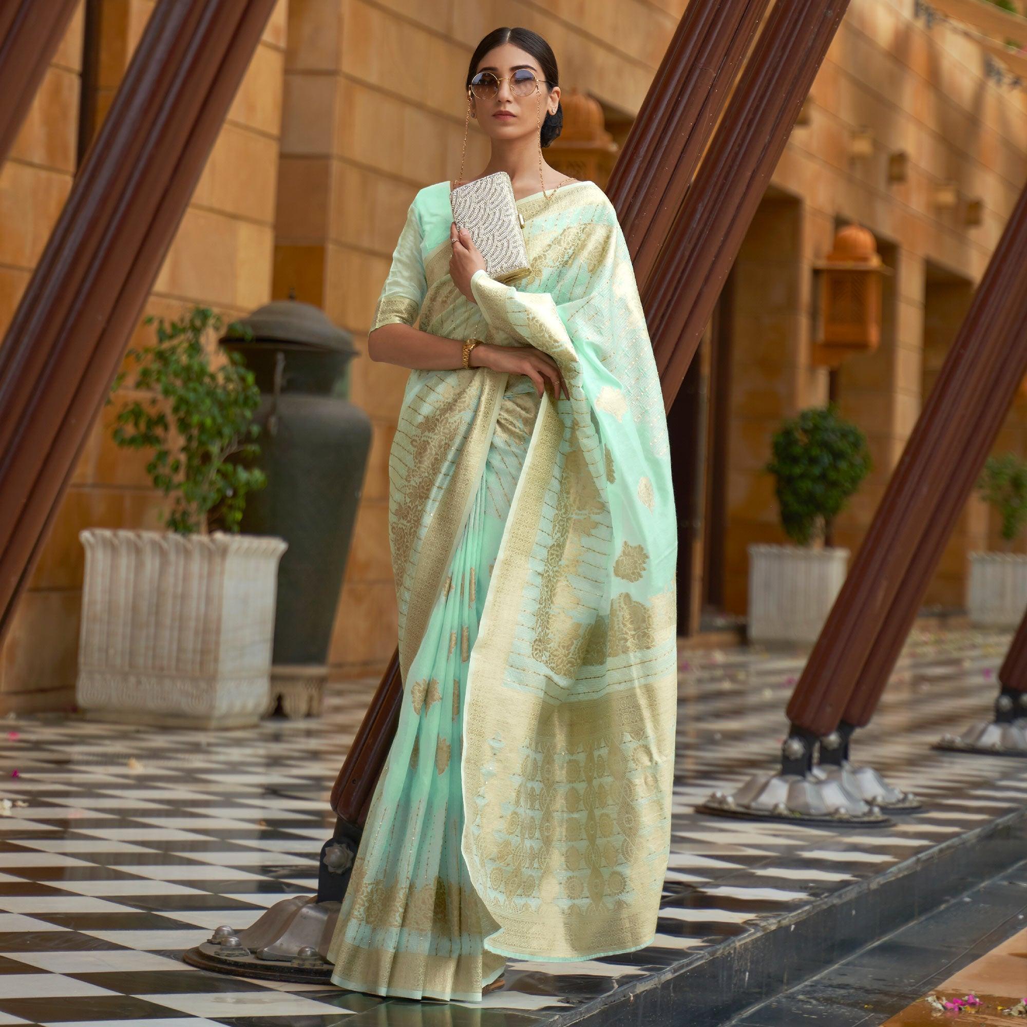 Green Partywear Sequence Woven Chanderi Saree - Peachmode