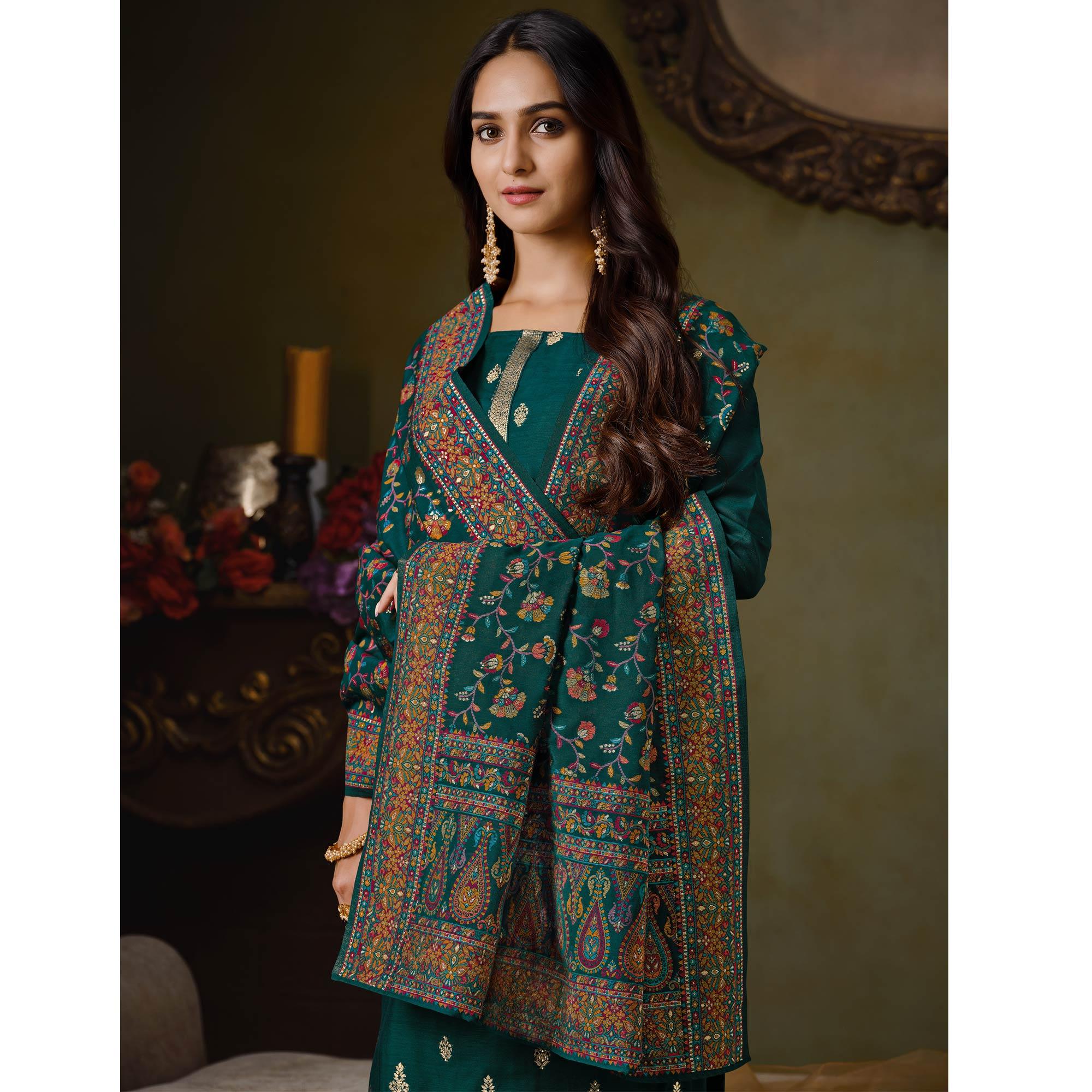 Green Partywear Swarovski Work Silk Jacquard Palazzo Suit - Peachmode
