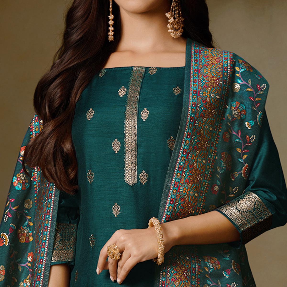Green Partywear Swarovski Work Silk Jacquard Palazzo Suit - Peachmode