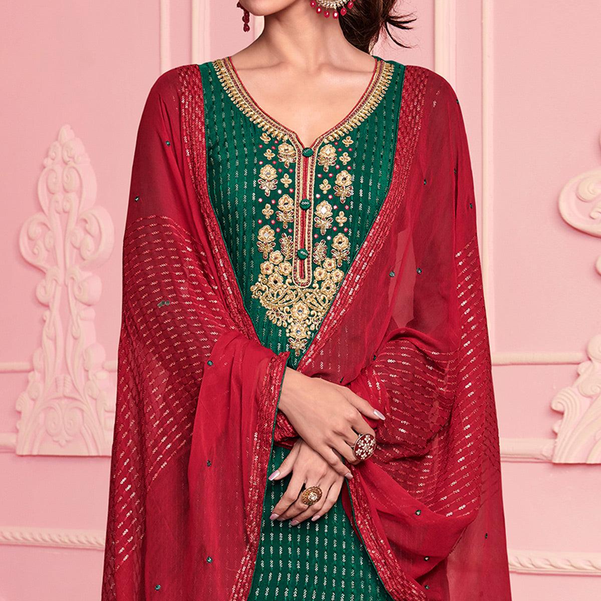 Green Partywear Thread Embroidered Alizeh Georgette Suit - Peachmode