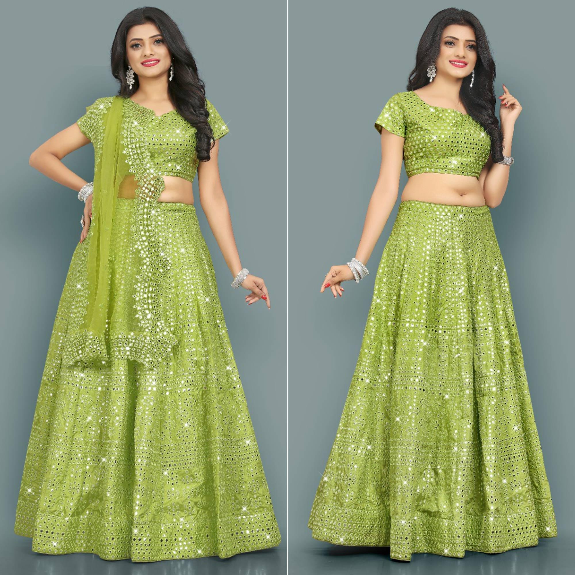 Green Partywear Thread With Mirror Embroidery Chiffon Lehenga Choli - Peachmode