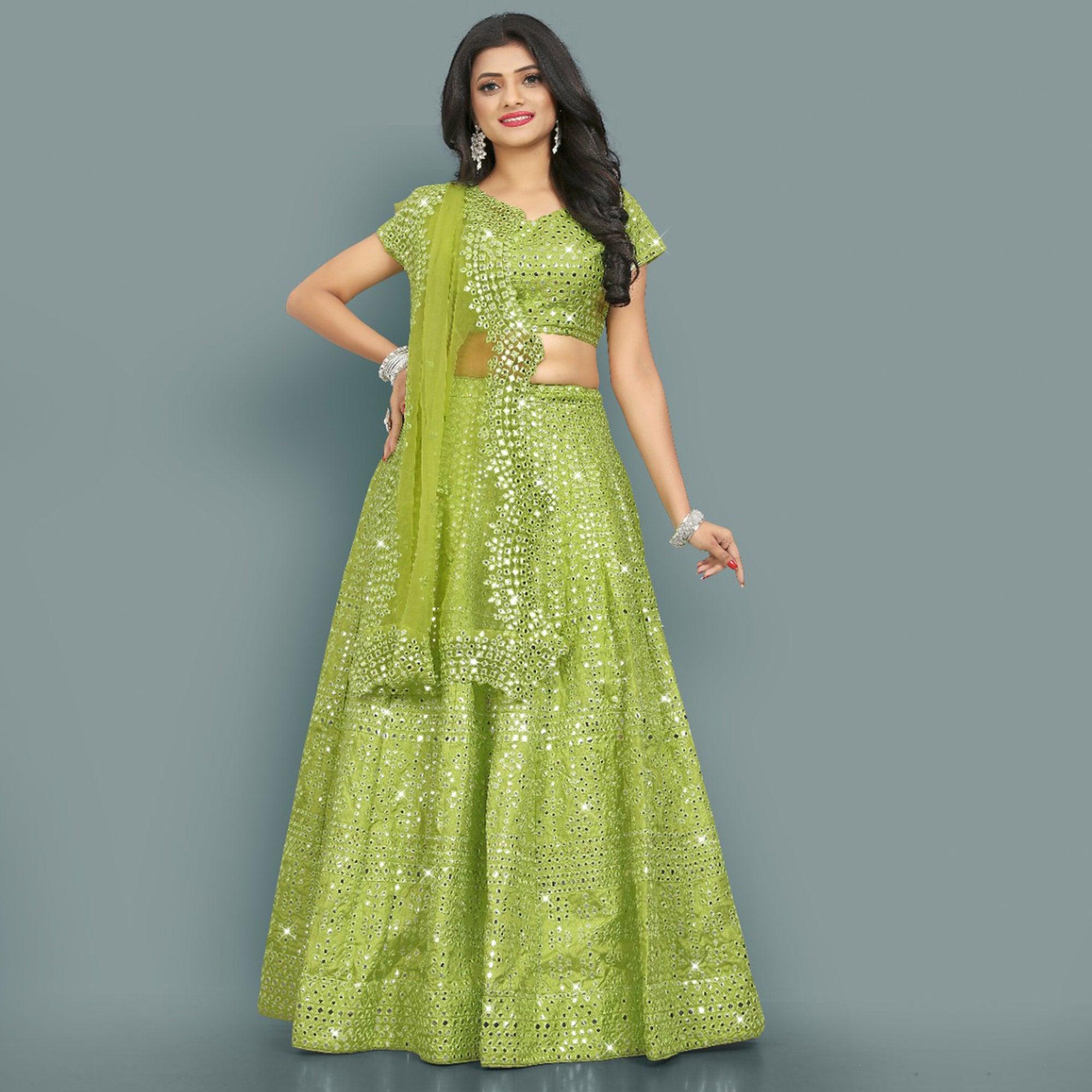 Green Partywear Thread With Mirror Embroidery Chiffon Lehenga Choli - Peachmode