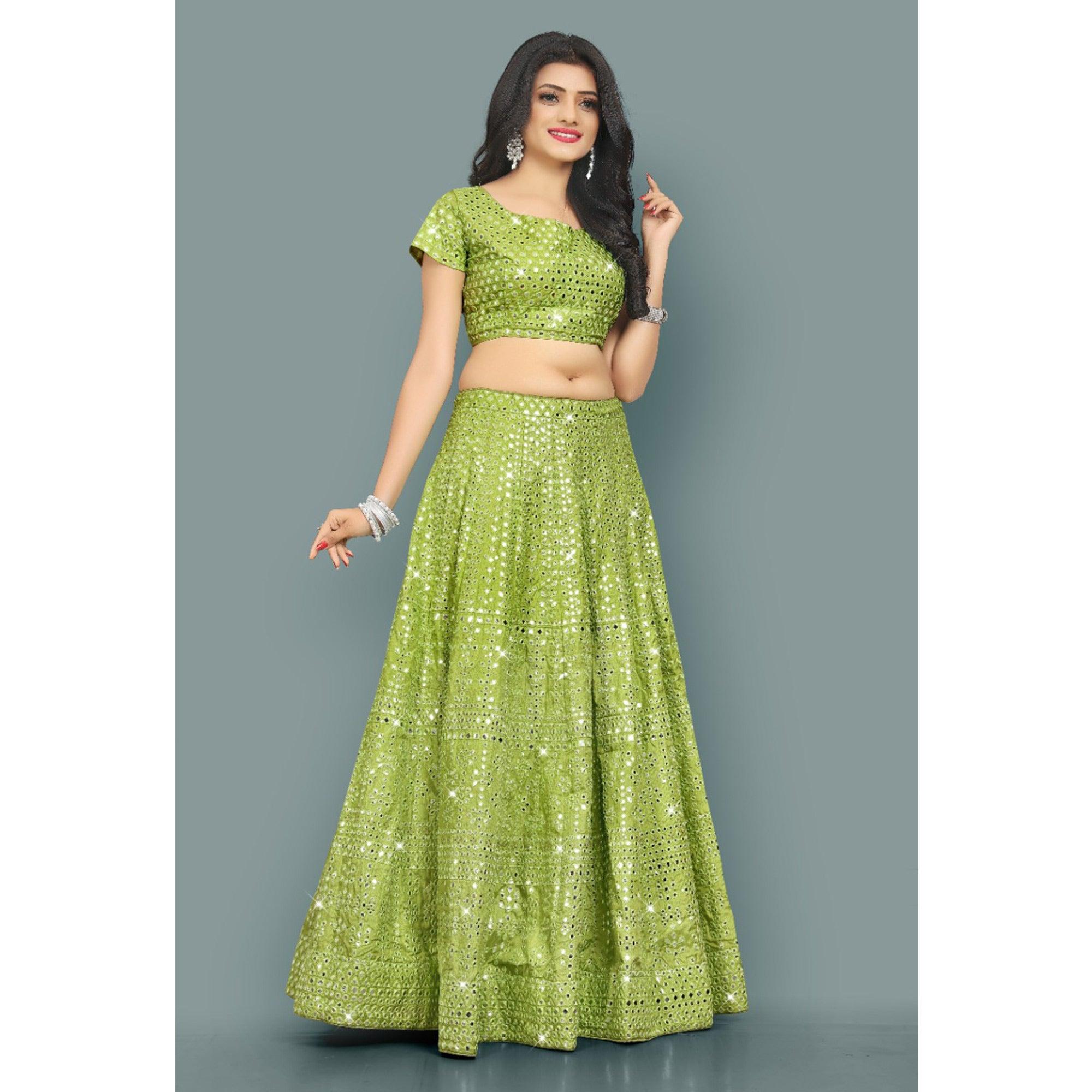 Green Partywear Thread With Mirror Embroidery Chiffon Lehenga Choli - Peachmode