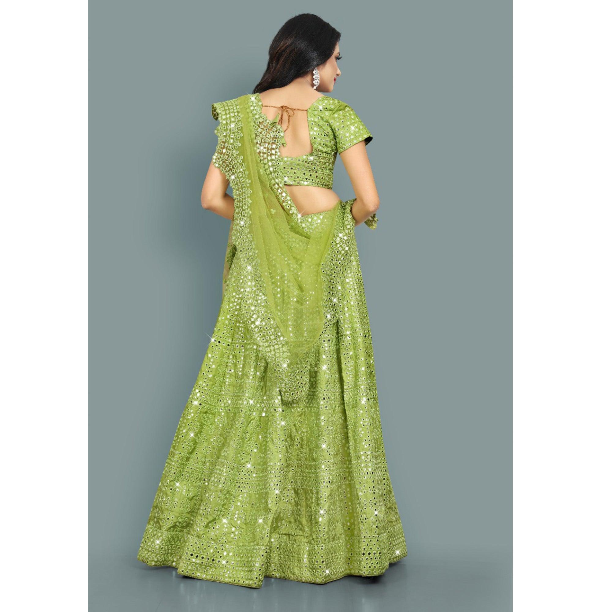 Green Partywear Thread With Mirror Embroidery Chiffon Lehenga Choli - Peachmode
