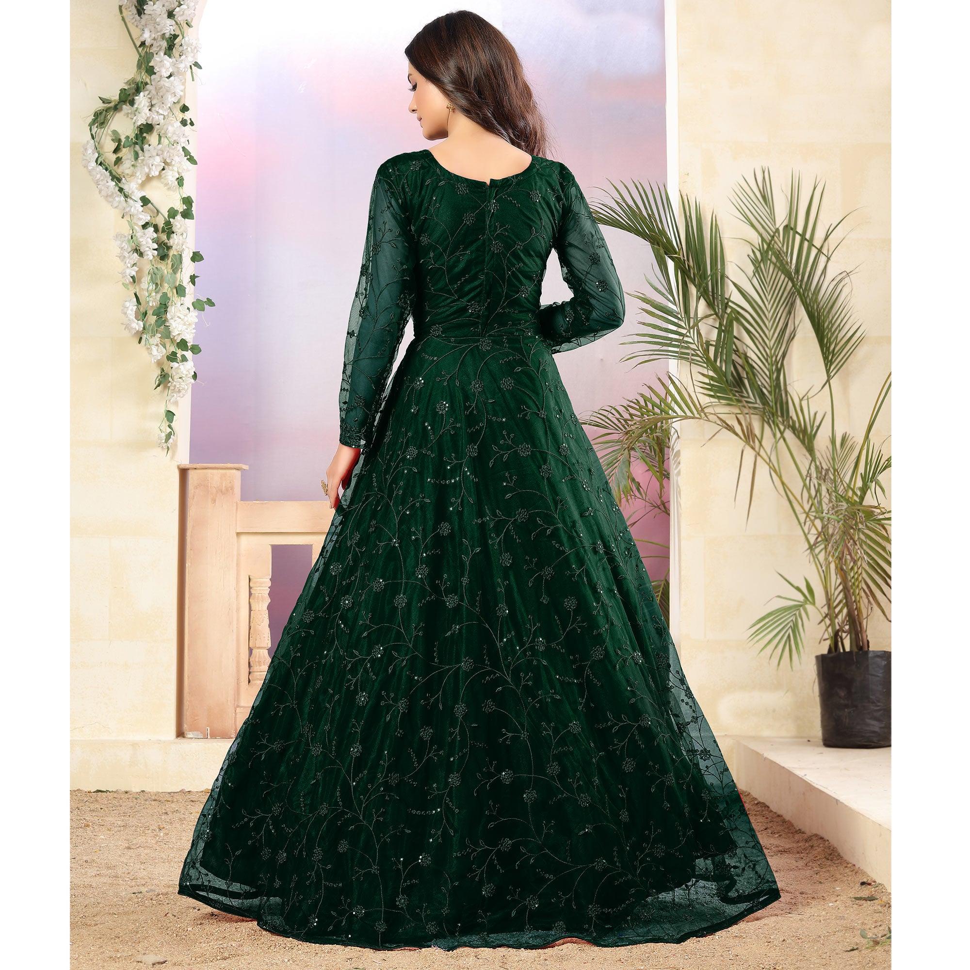 Green Partywear Tone to Tone Thread and Sequence Work Net Semi Stitched Anarkali Suit - Peachmode