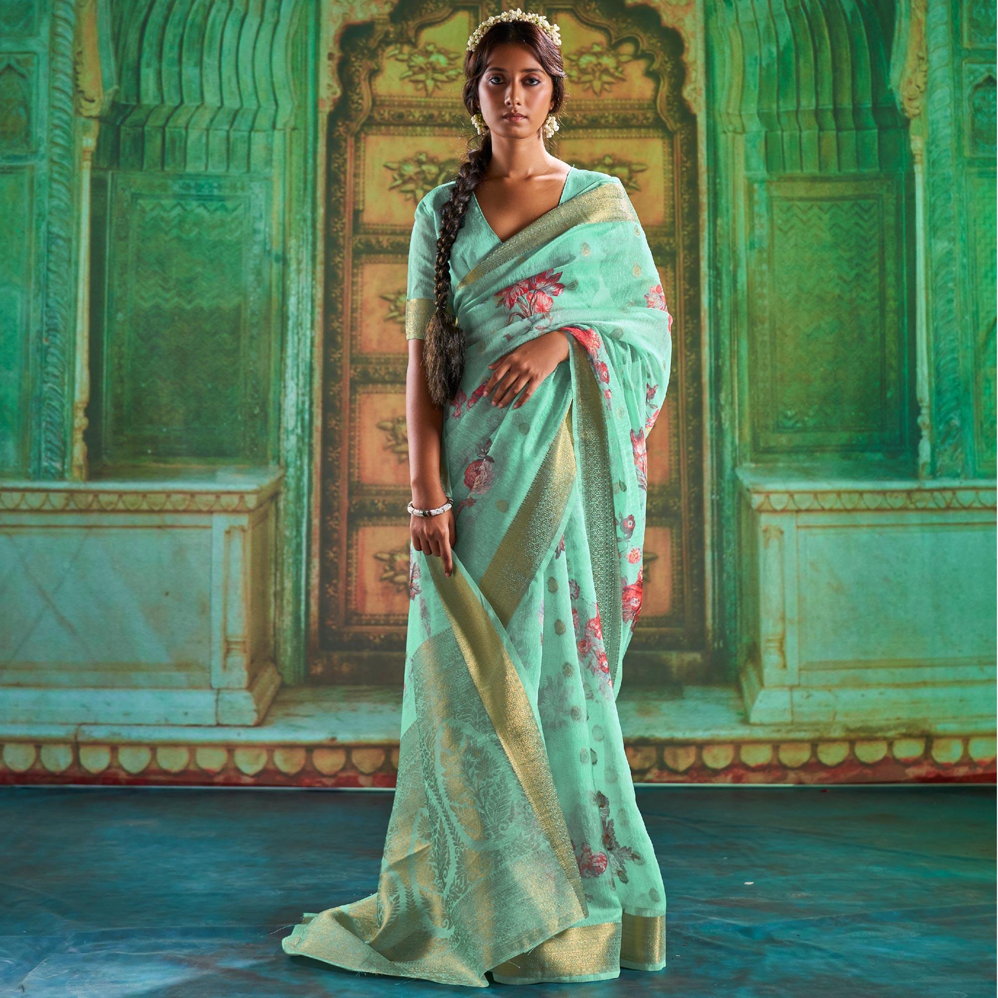 Green Partywear Wear Digital Floral Taspa Linen Silk Saree - Peachmode