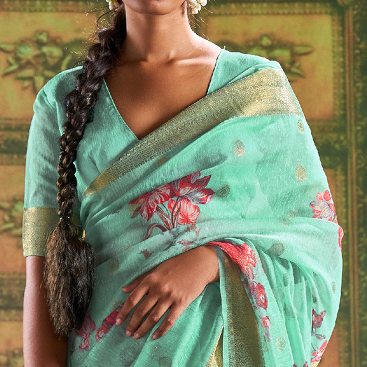 Green Partywear Wear Digital Floral Taspa Linen Silk Saree - Peachmode