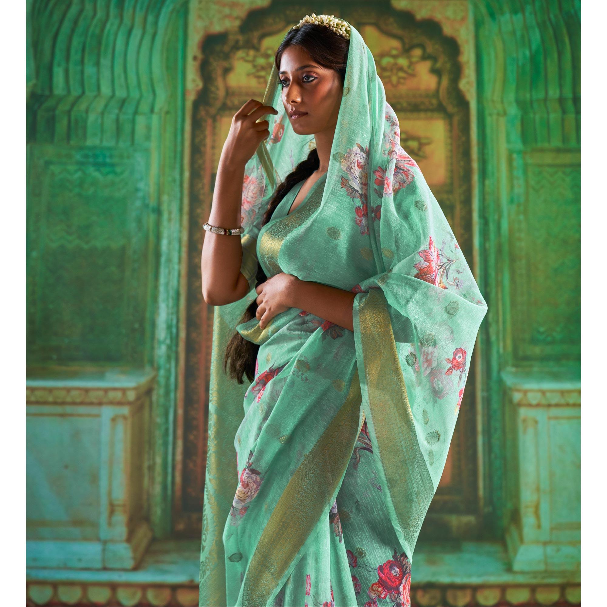 Green Partywear Wear Digital Floral Taspa Linen Silk Saree - Peachmode