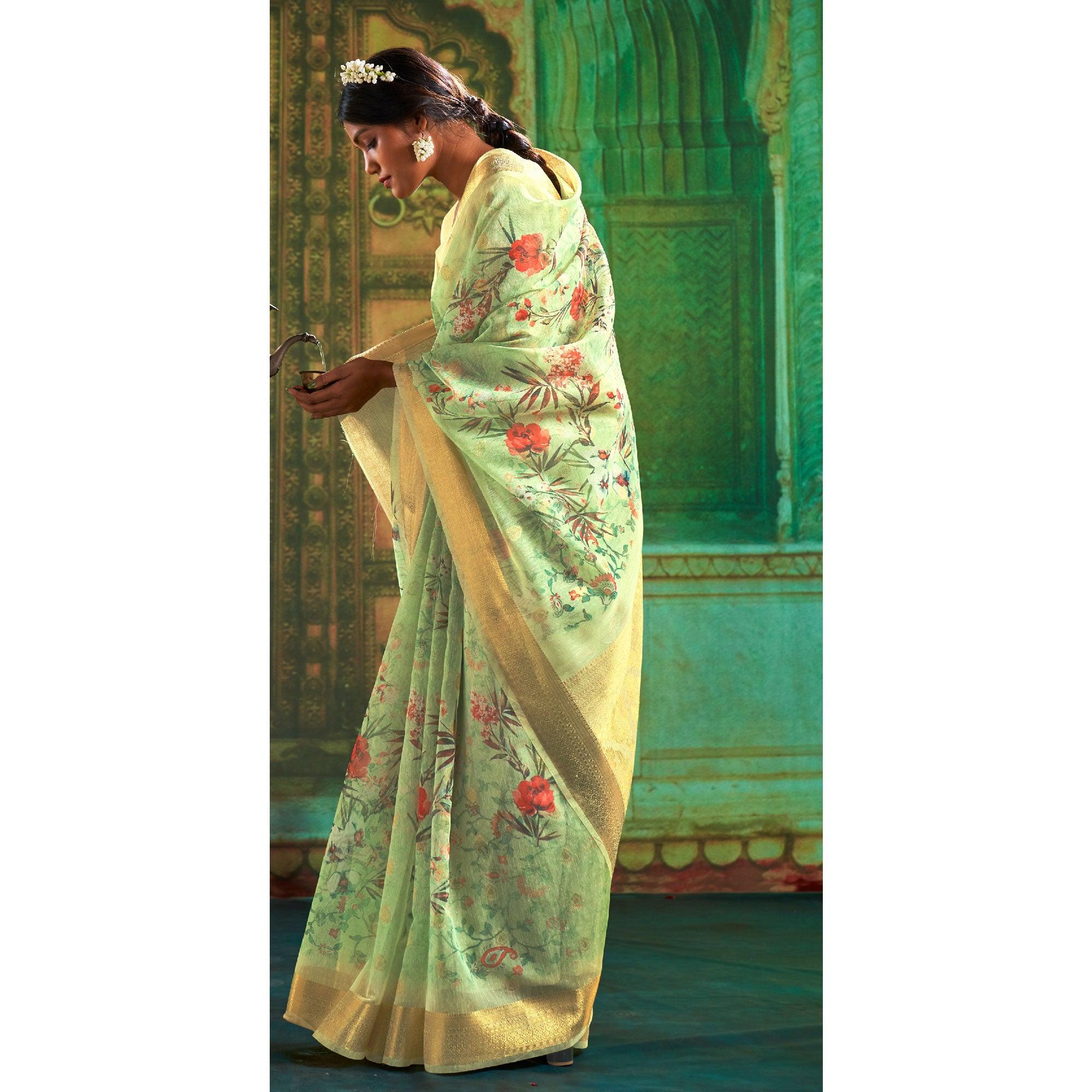 Green Partywear Wear Digital Floral Taspa Linen Silk Saree - Peachmode