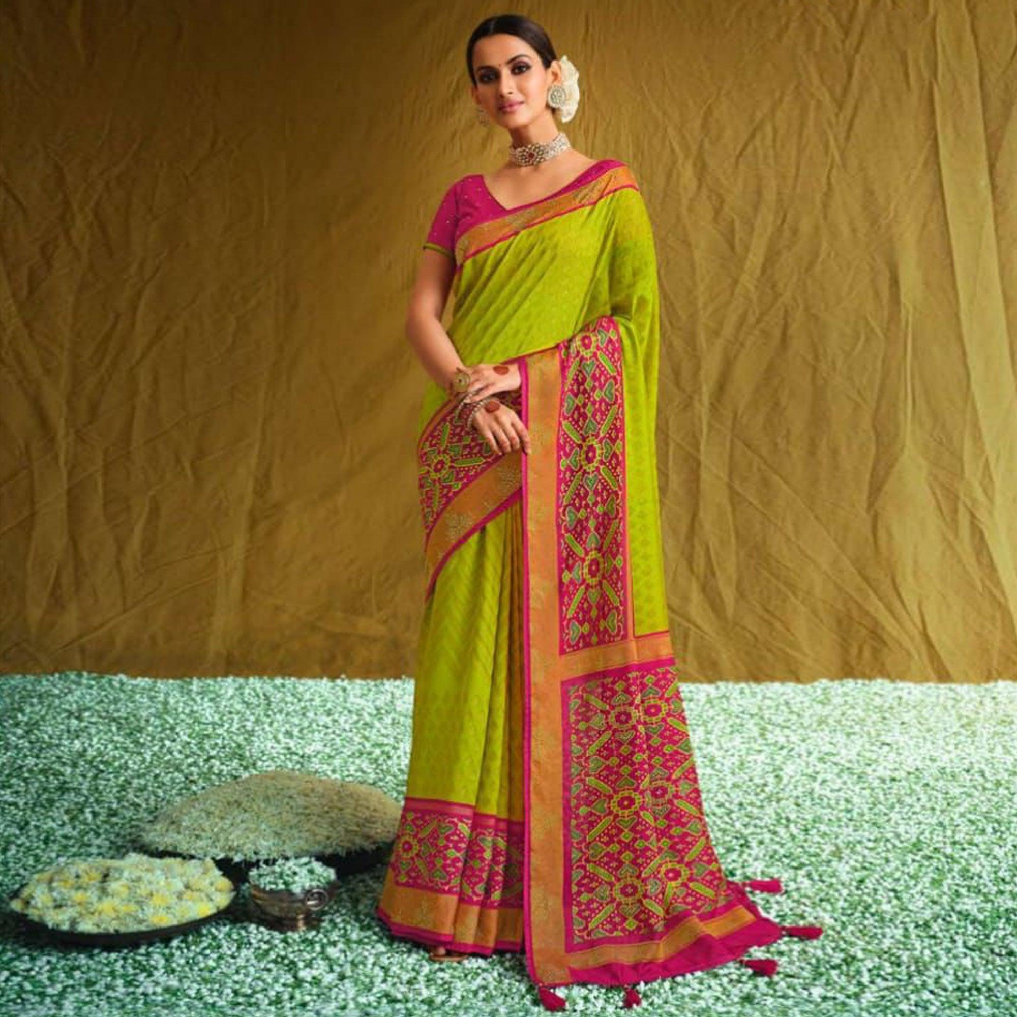 Green Partywear Weaving Resham Work Brasso Saree - Peachmode