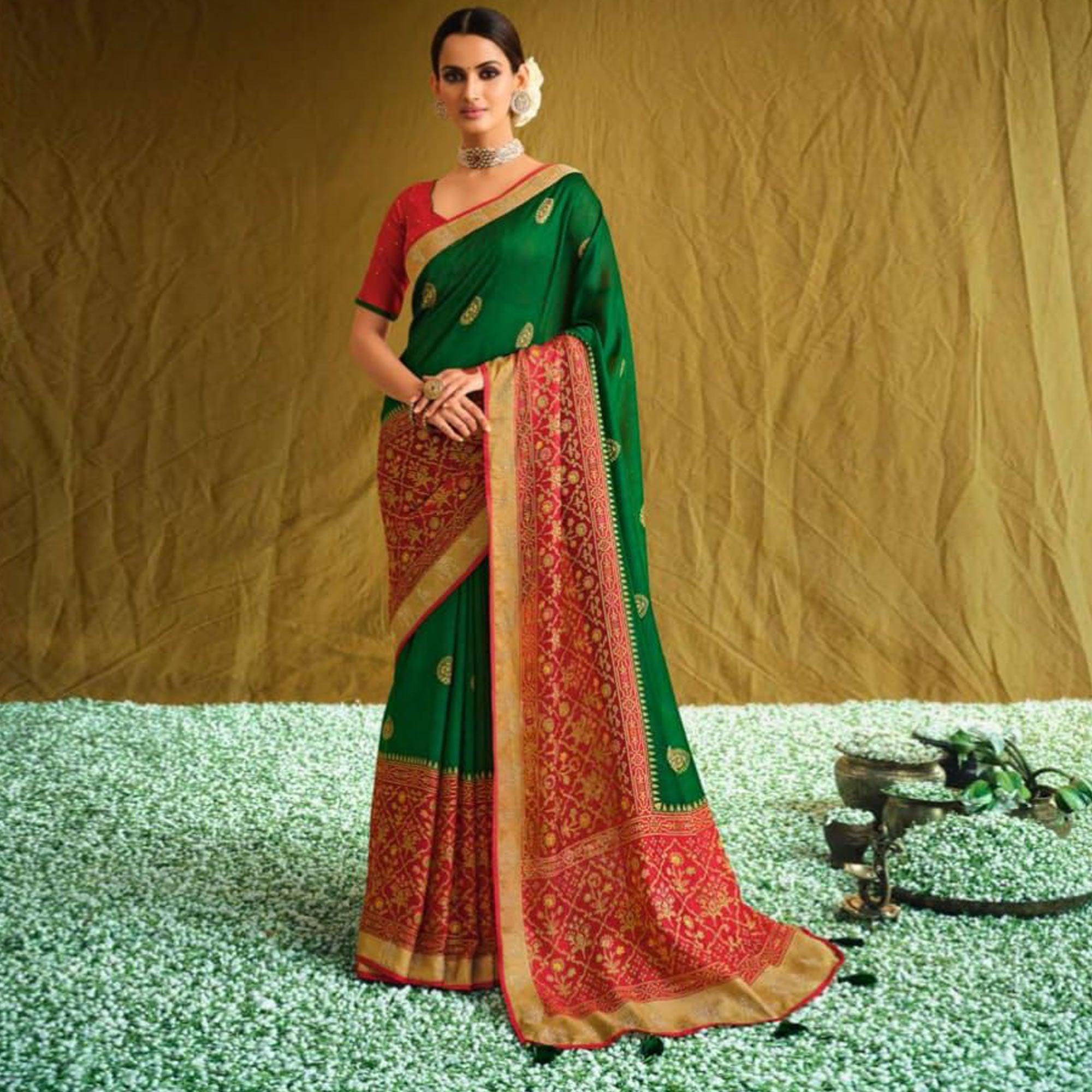 Green Partywear Weaving Resham Work Brasso Saree - Peachmode