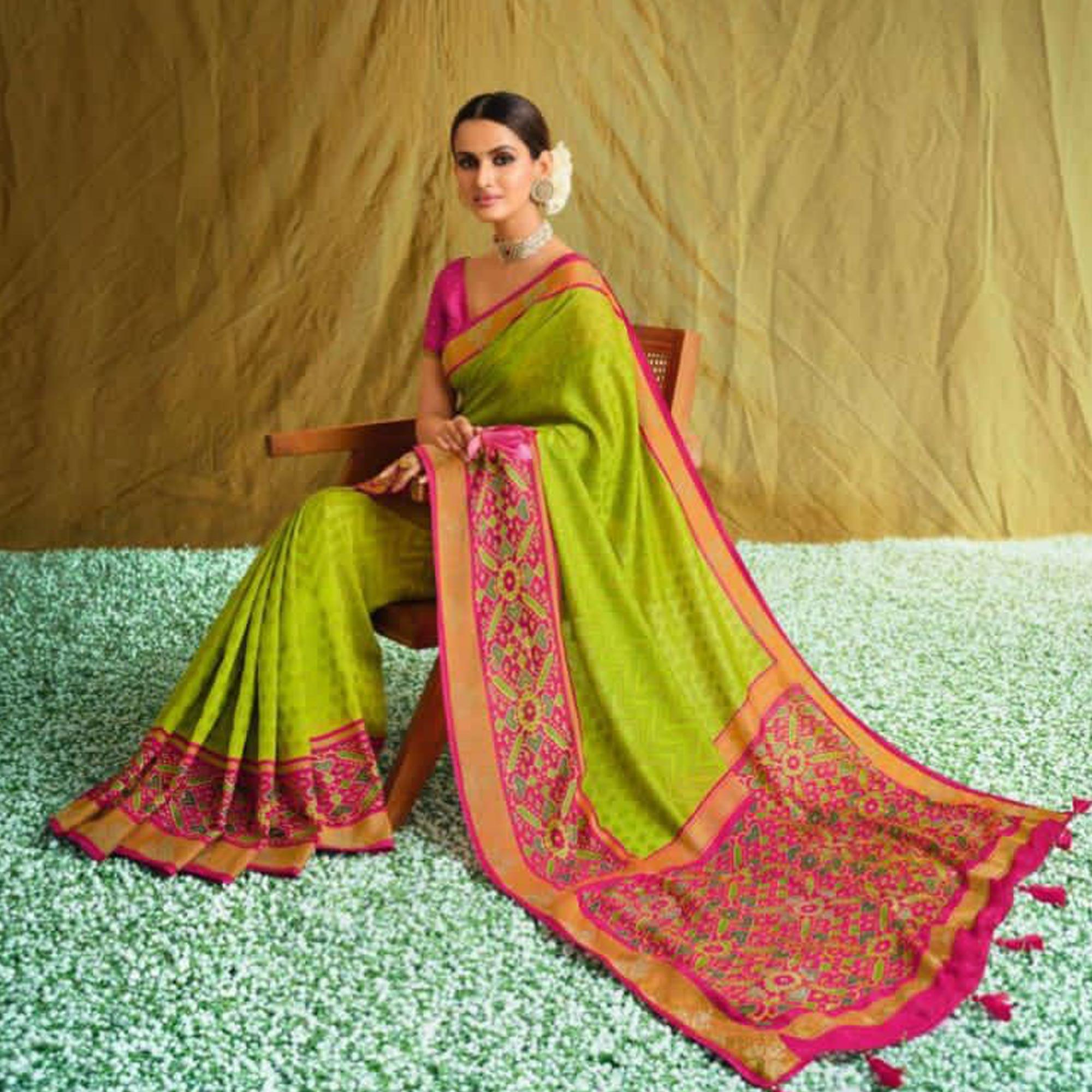Green Partywear Weaving Resham Work Brasso Saree - Peachmode