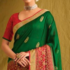 Green Partywear Weaving Resham Work Brasso Saree - Peachmode