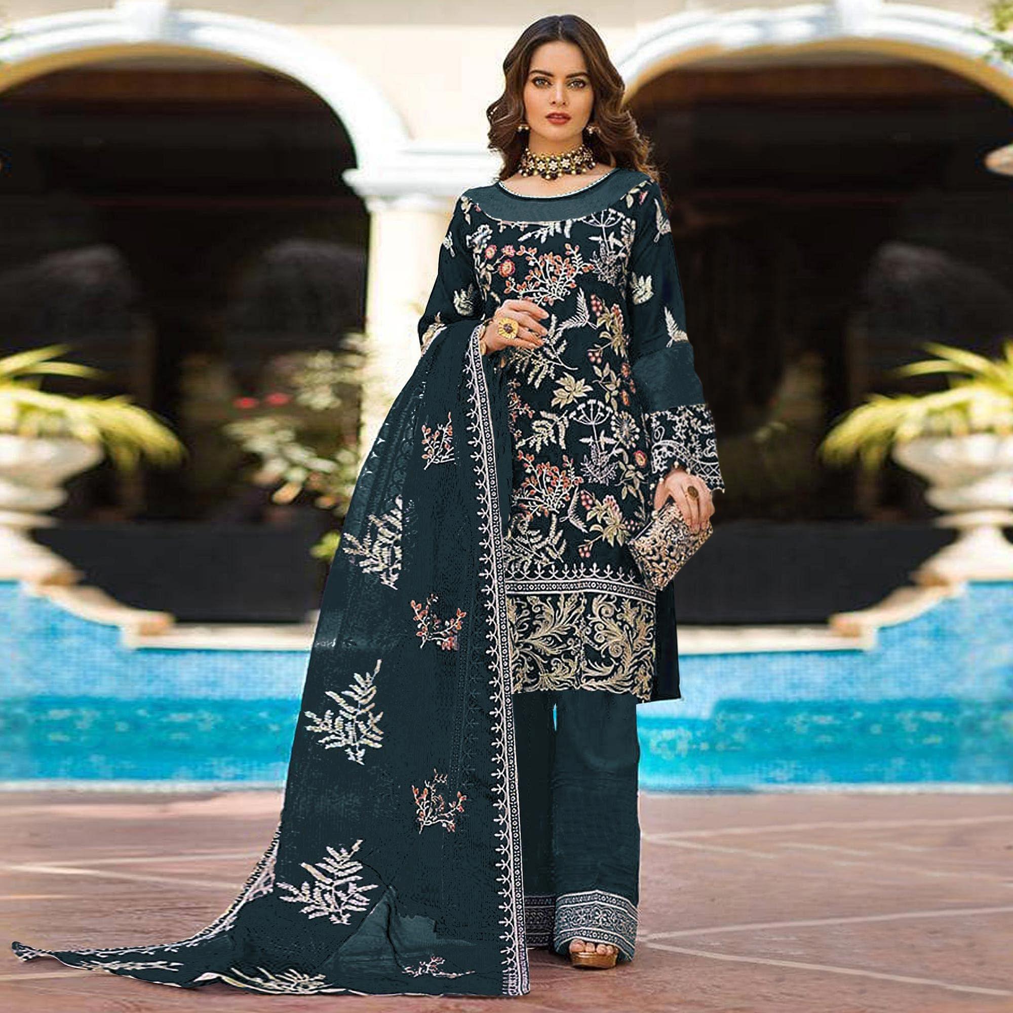 Green Partywear Women's Floral Embroidered Georgette & Santoon Semi-Stitched Pakistani Suit - Peachmode