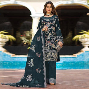 Green Partywear Women's Floral Embroidered Georgette & Santoon Semi-Stitched Pakistani Suit - Peachmode