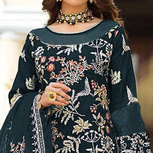 Green Partywear Women's Floral Embroidered Georgette & Santoon Semi-Stitched Pakistani Suit - Peachmode