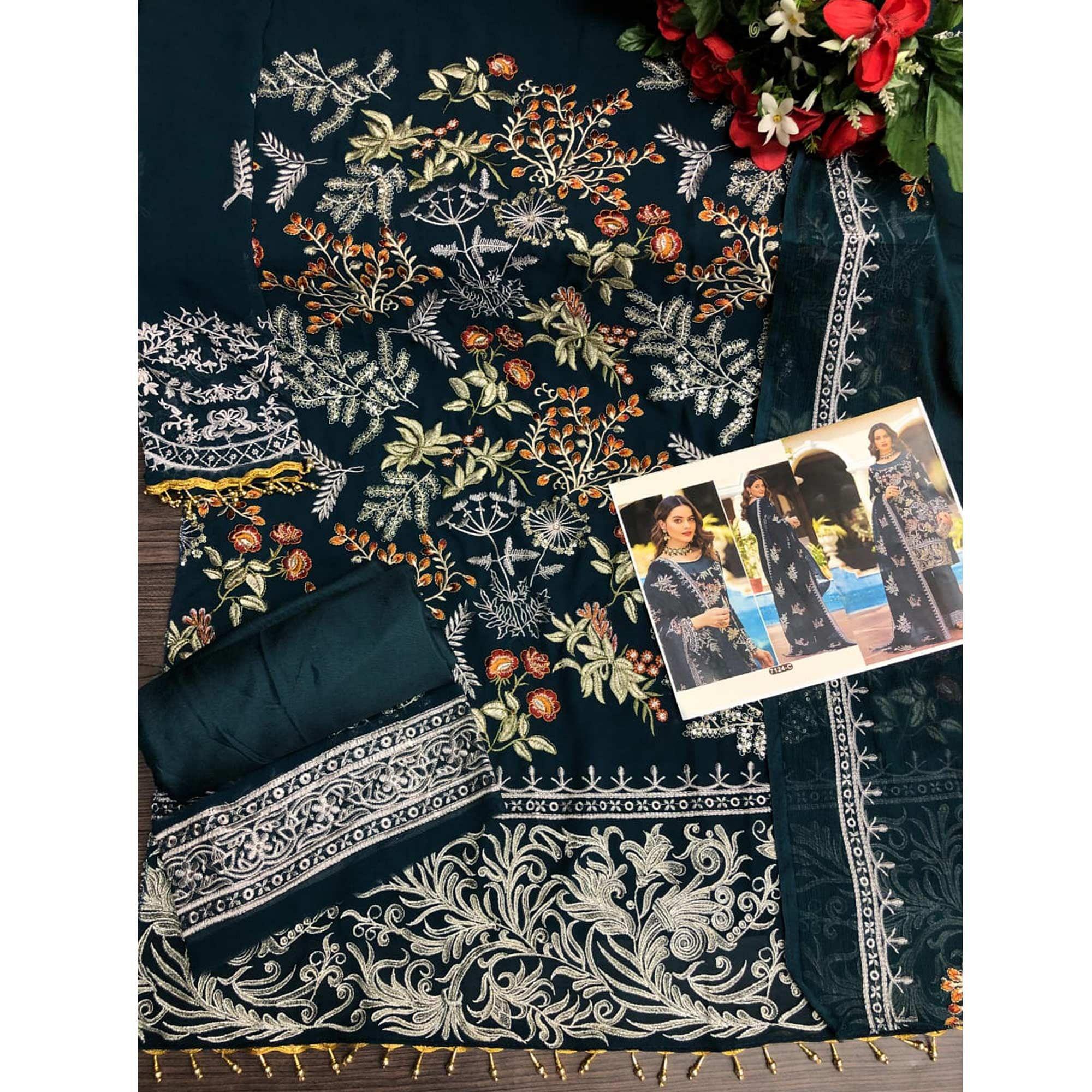 Green Partywear Women's Floral Embroidered Georgette & Santoon Semi-Stitched Pakistani Suit - Peachmode