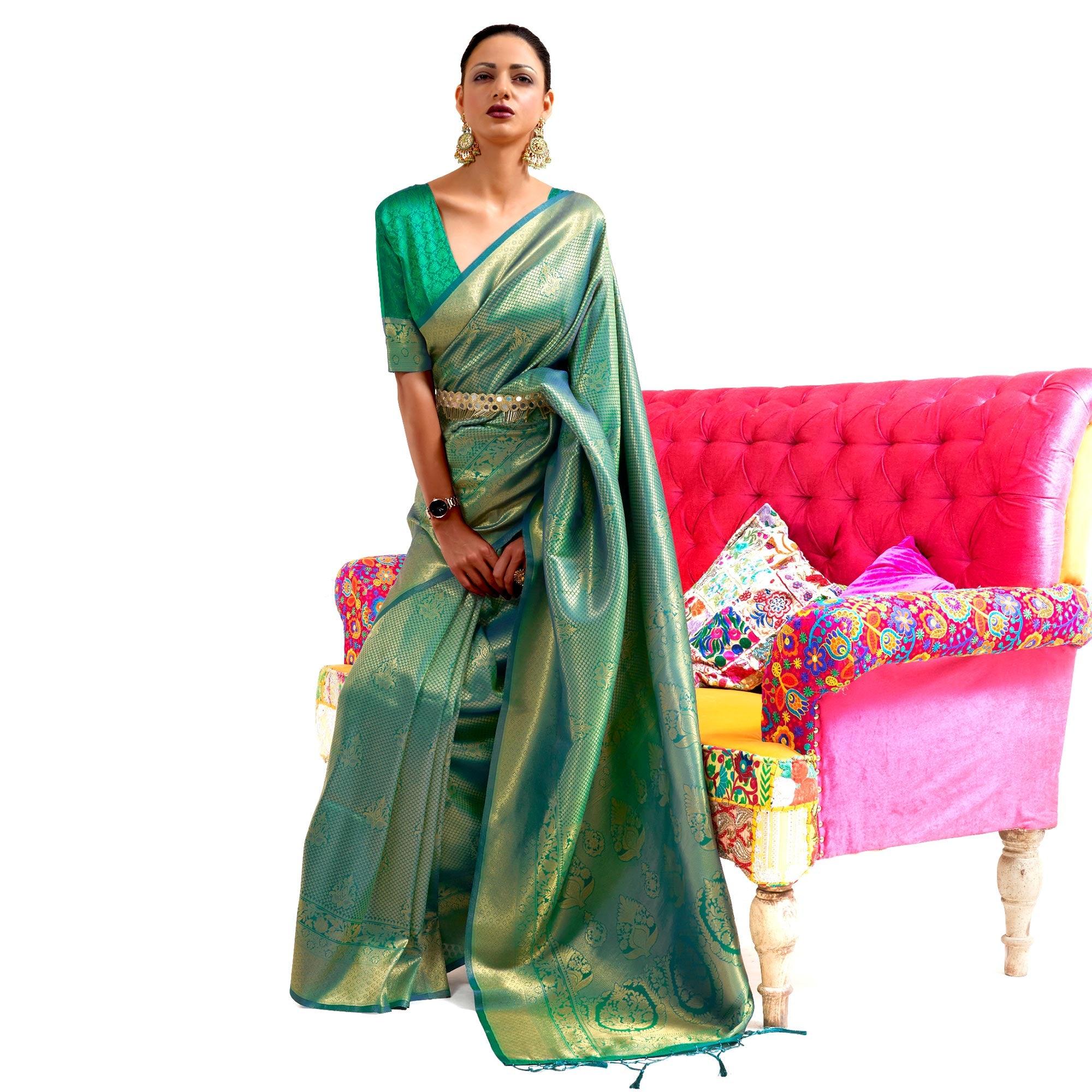 Green Partywear Woven Handloom Silk Saree - Peachmode