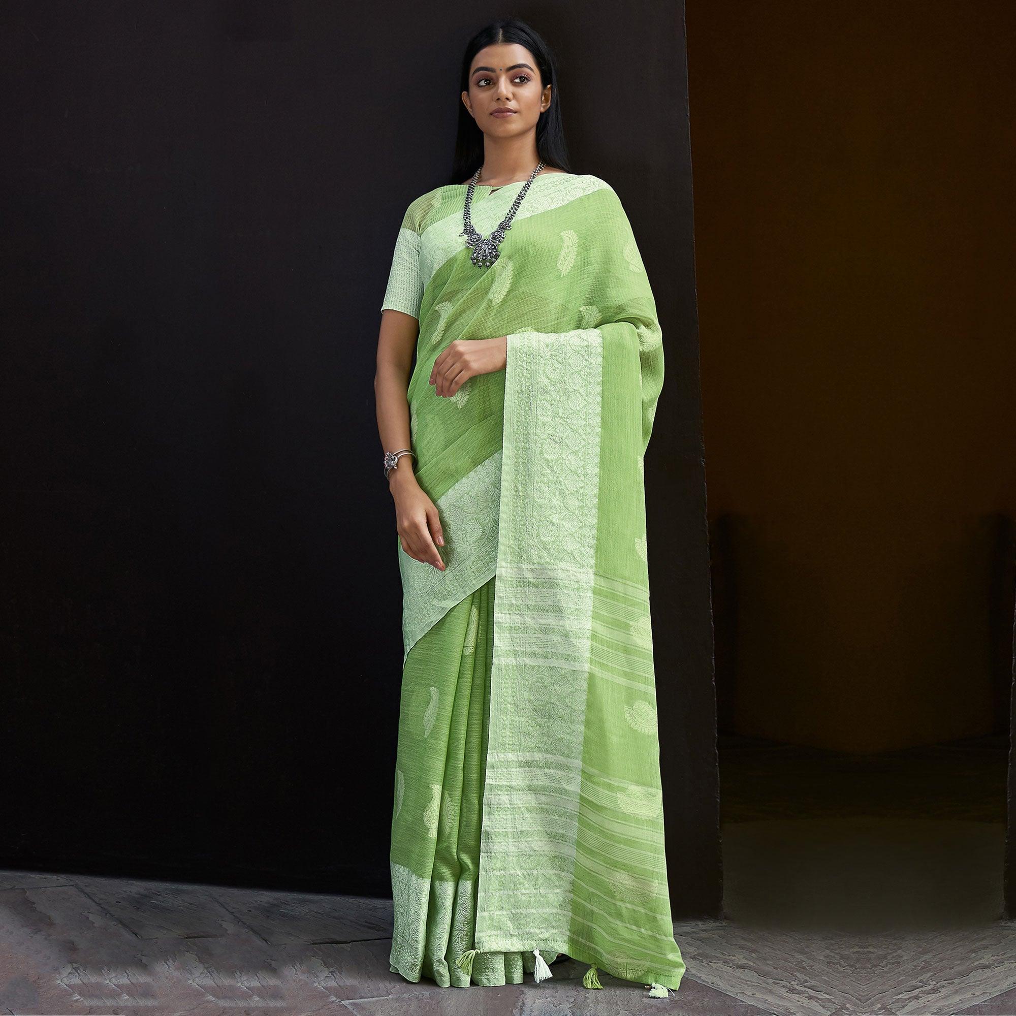 Green Partywear Woven Linen Saree - Peachmode