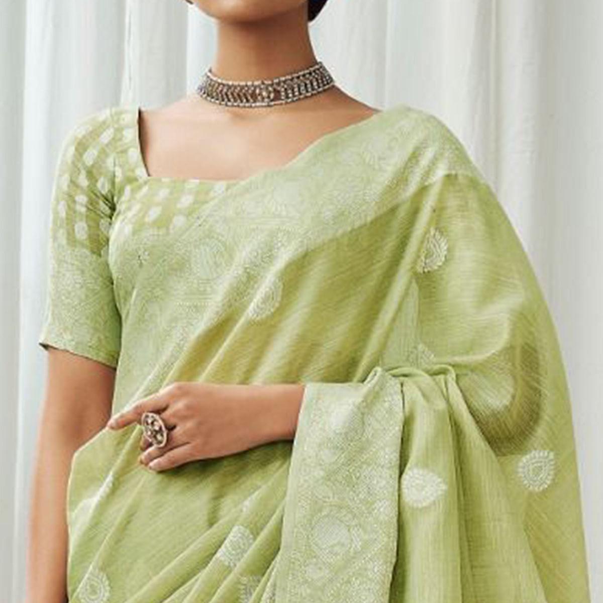 Green Partywear Woven Lucknowi Linen Saree - Peachmode