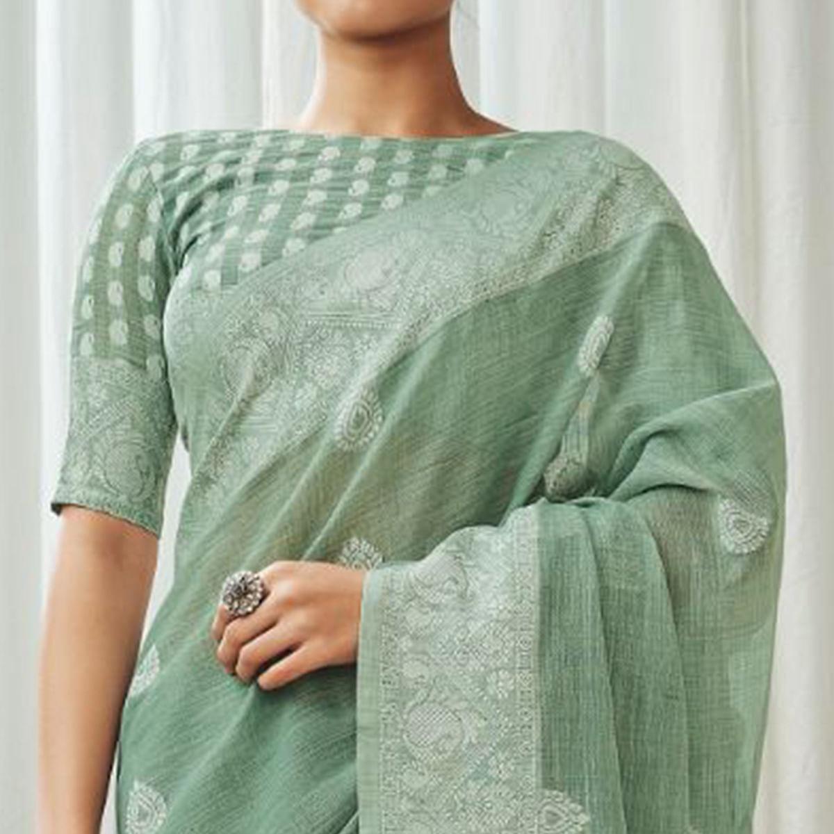 Green Partywear Woven Lucknowi Linen Saree - Peachmode