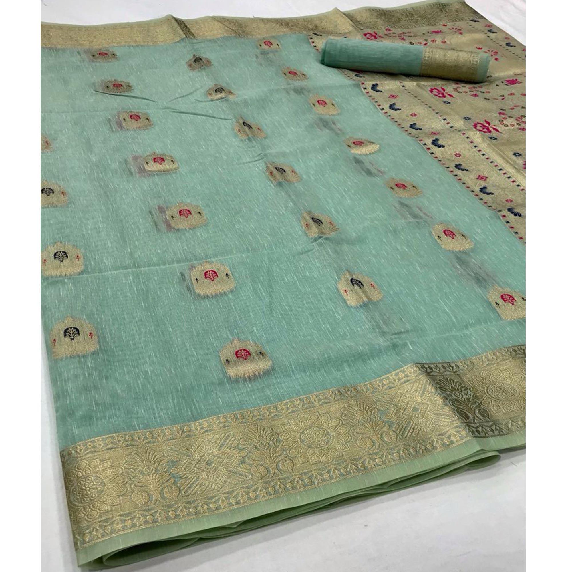 Green Partywear Woven Pure Linen Saree - Peachmode