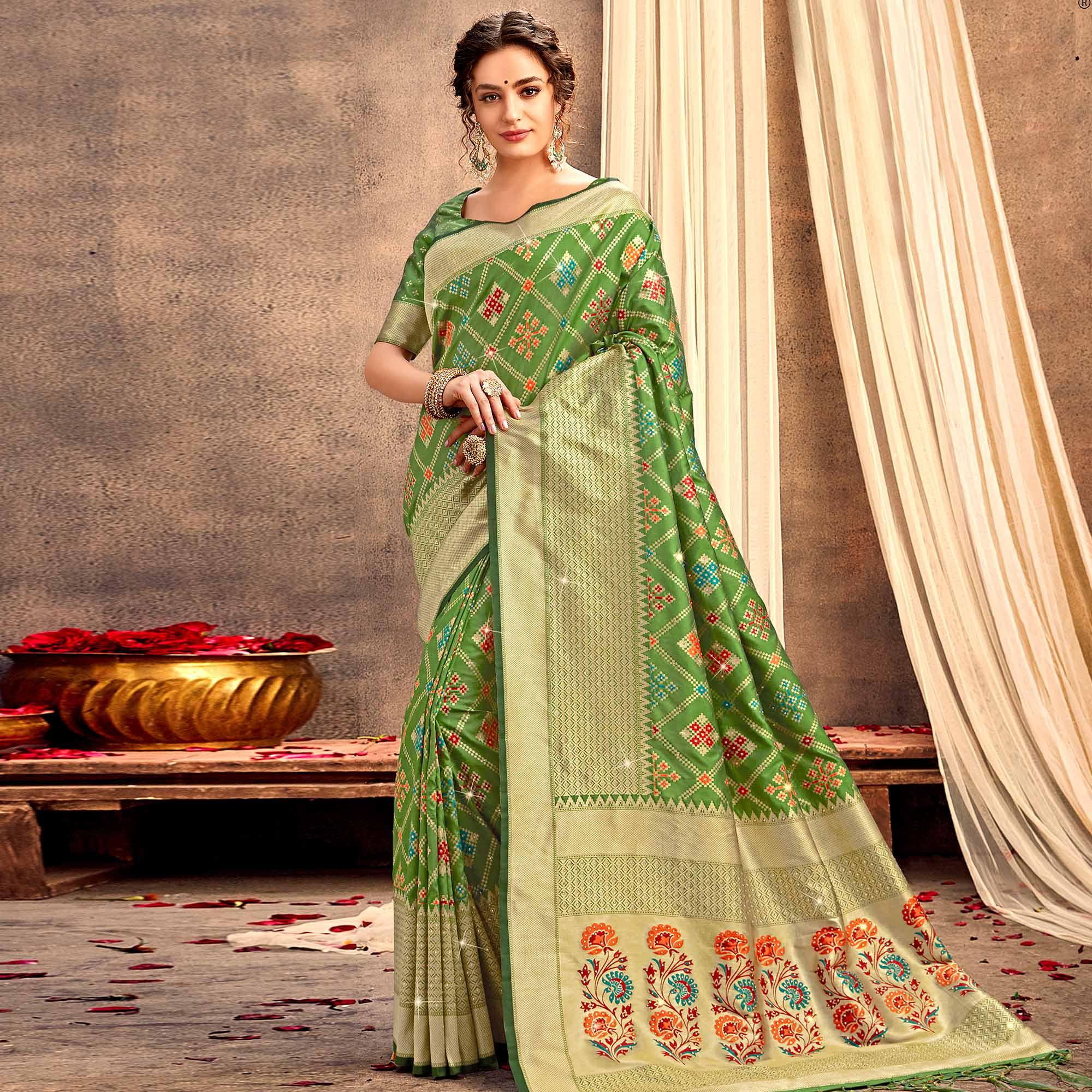 Green Partywear Woven with Zaalar & Hand Stone Work Banarasi Silk Saree - Peachmode