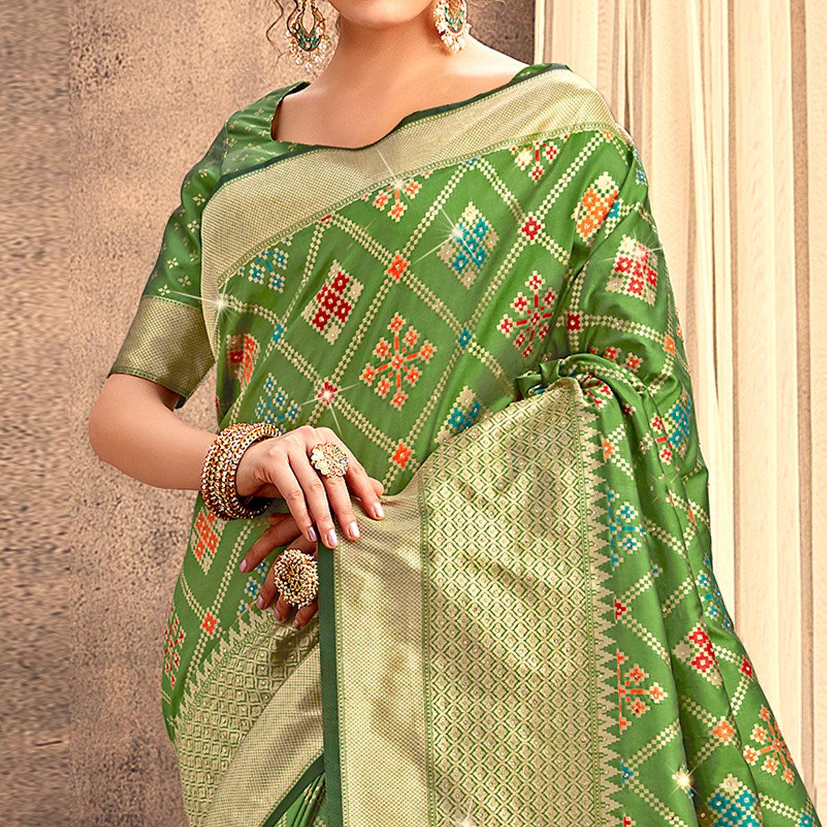 Green Partywear Woven with Zaalar & Hand Stone Work Banarasi Silk Saree - Peachmode