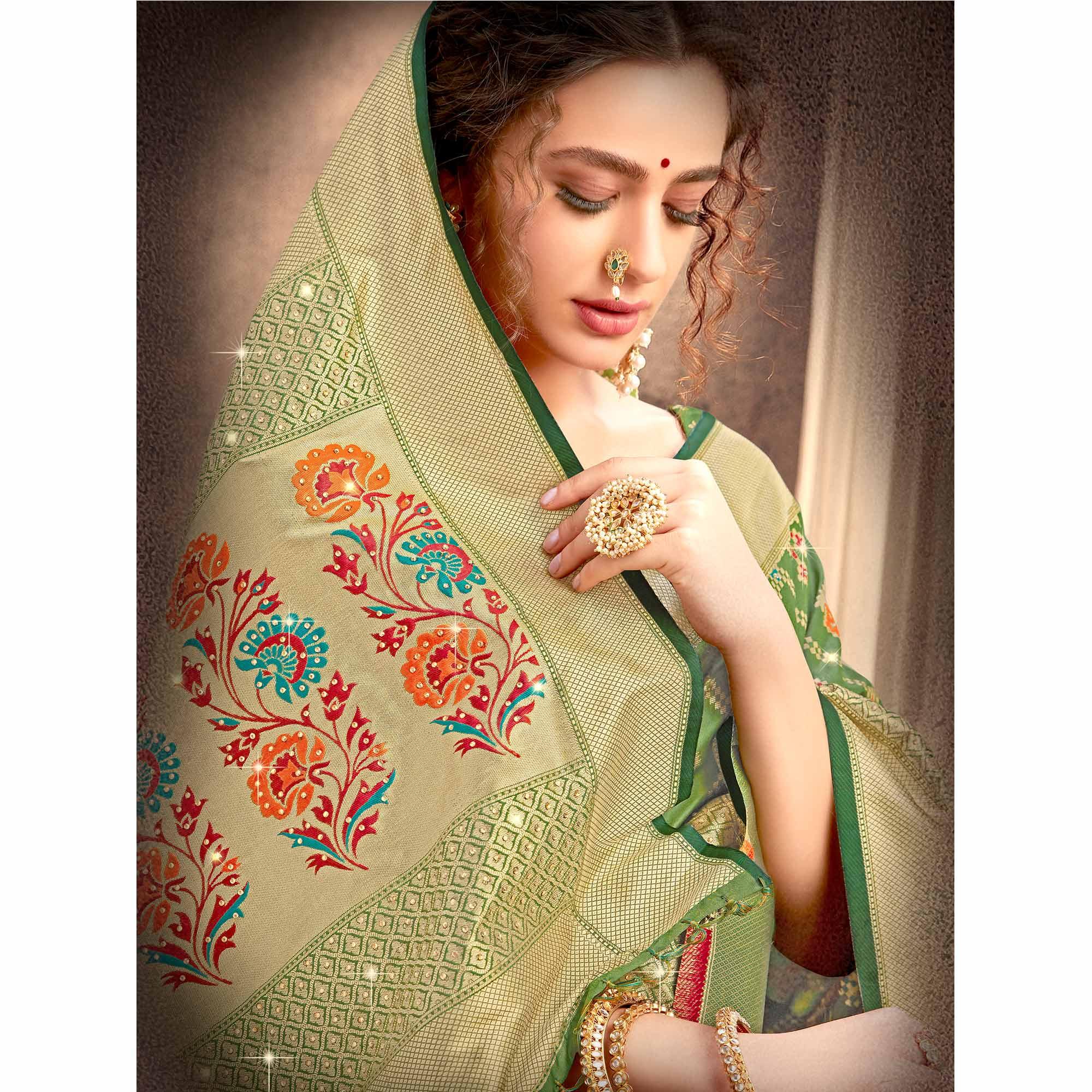 Green Partywear Woven with Zaalar & Hand Stone Work Banarasi Silk Saree - Peachmode