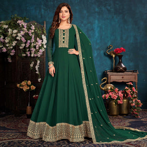 Green Partywear Zari Embroidered Faux Georgette Anarkali Suit - Peachmode
