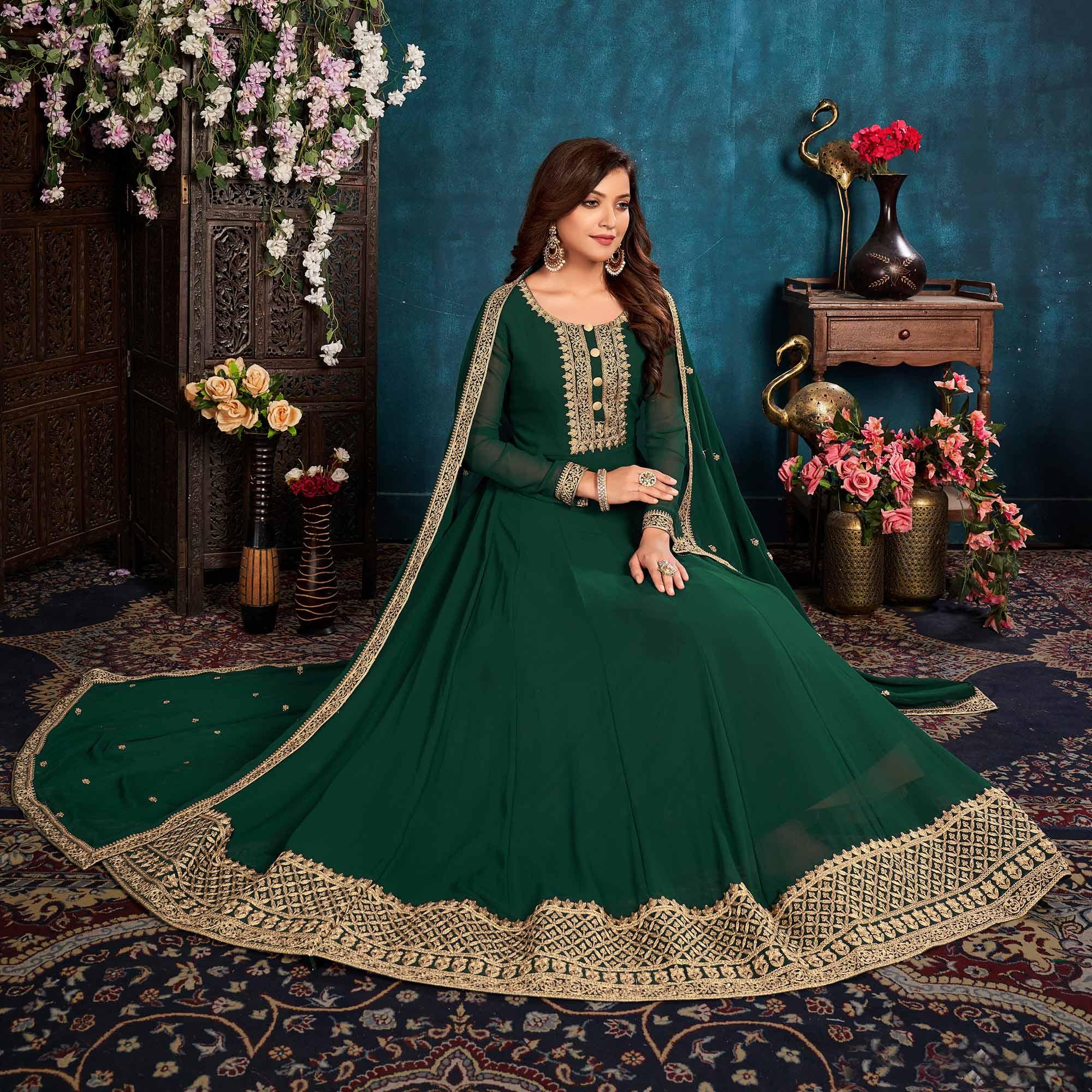 Green Partywear Zari Embroidered Faux Georgette Anarkali Suit - Peachmode