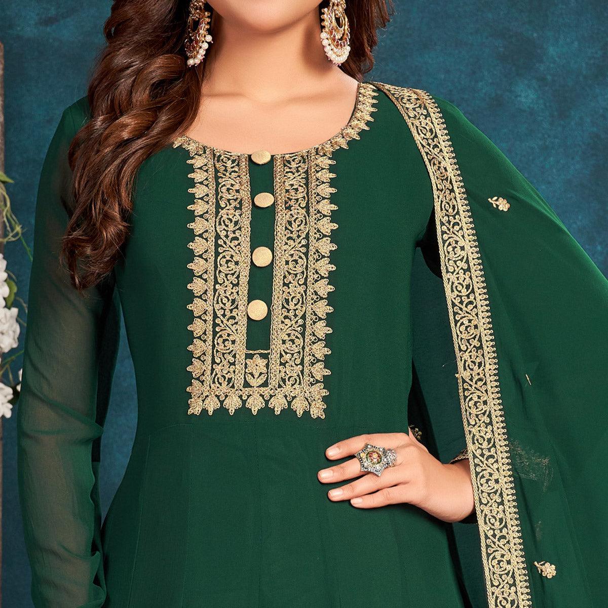 Green Partywear Zari Embroidered Faux Georgette Anarkali Suit - Peachmode