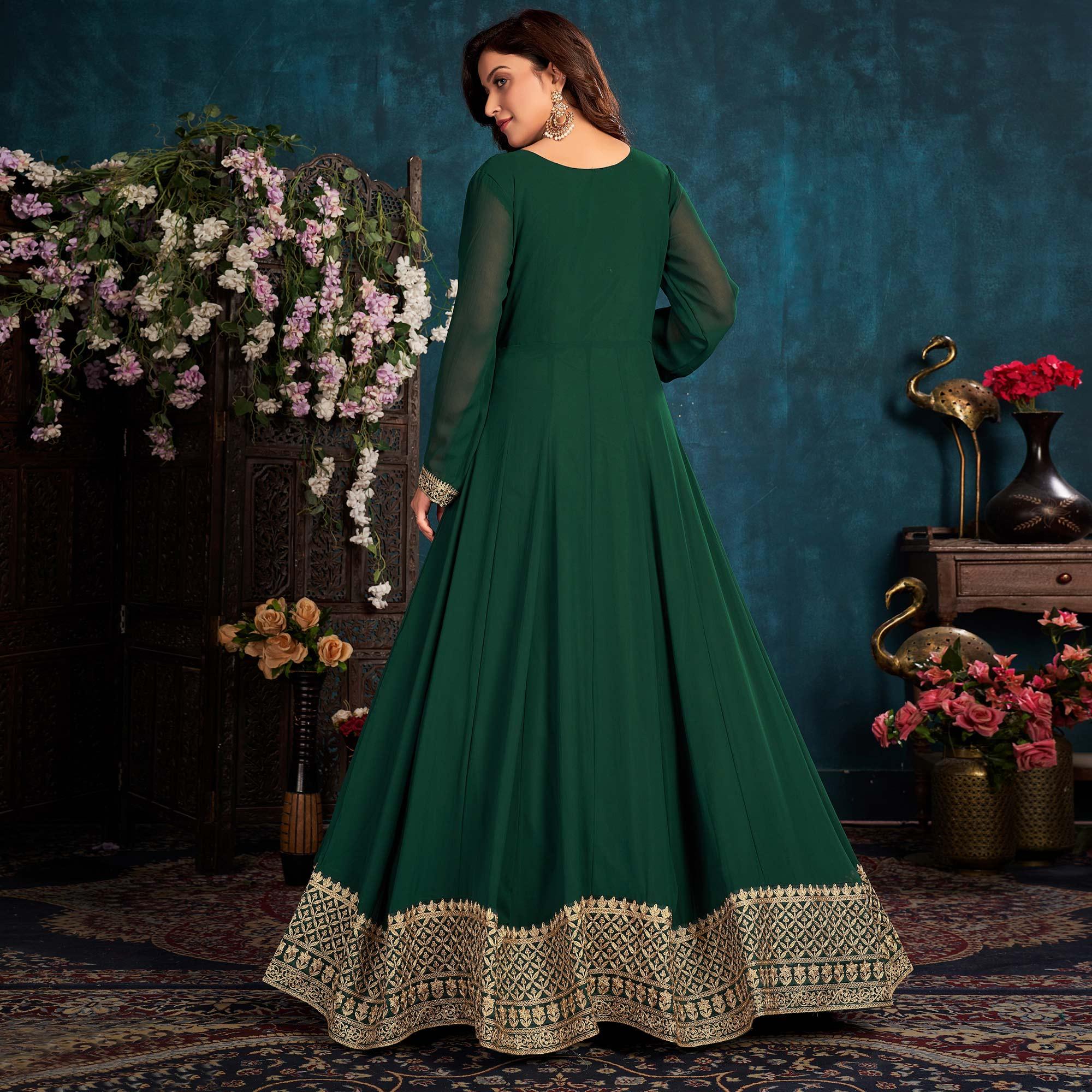 Green Partywear Zari Embroidered Faux Georgette Anarkali Suit - Peachmode