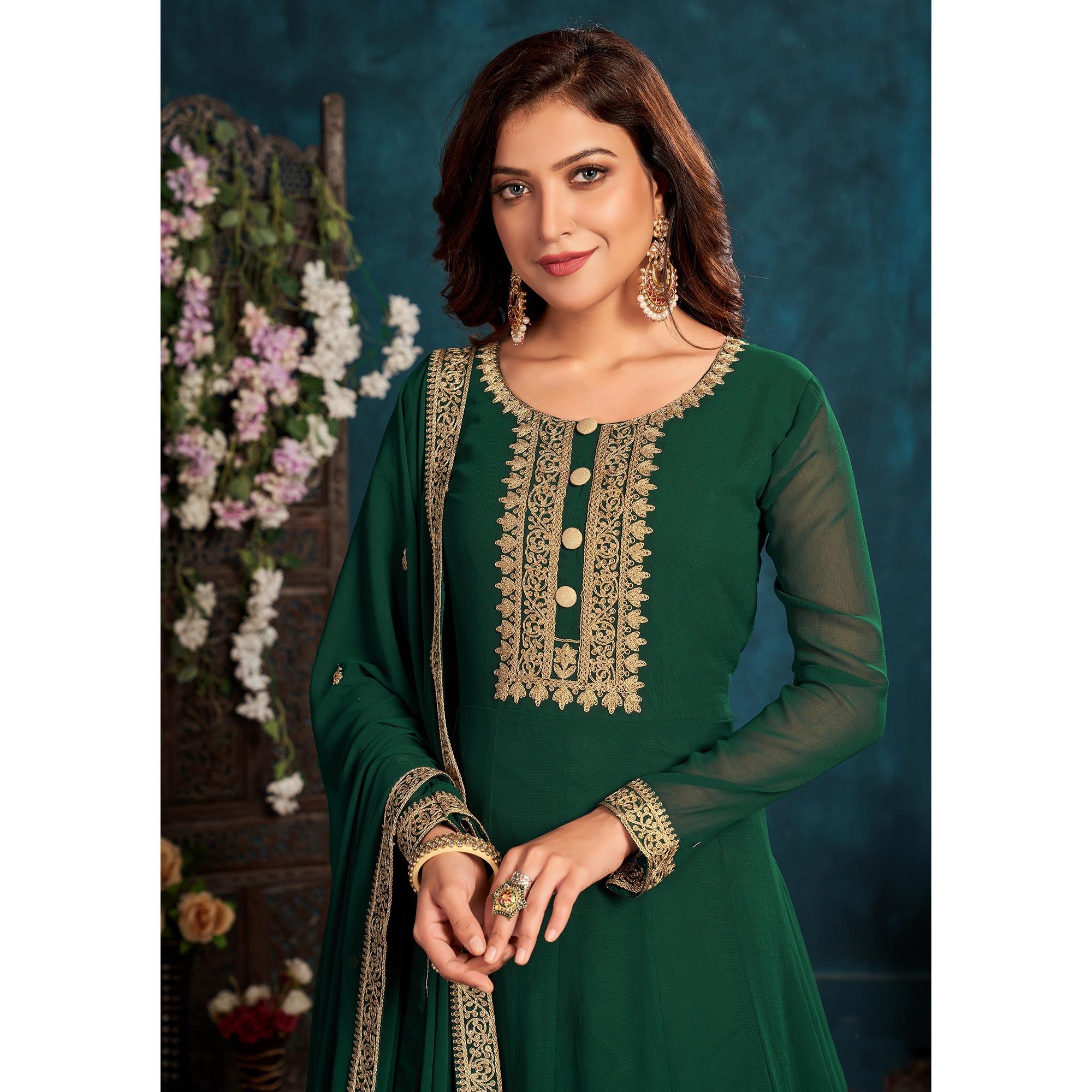 Green Partywear Zari Embroidered Faux Georgette Anarkali Suit - Peachmode