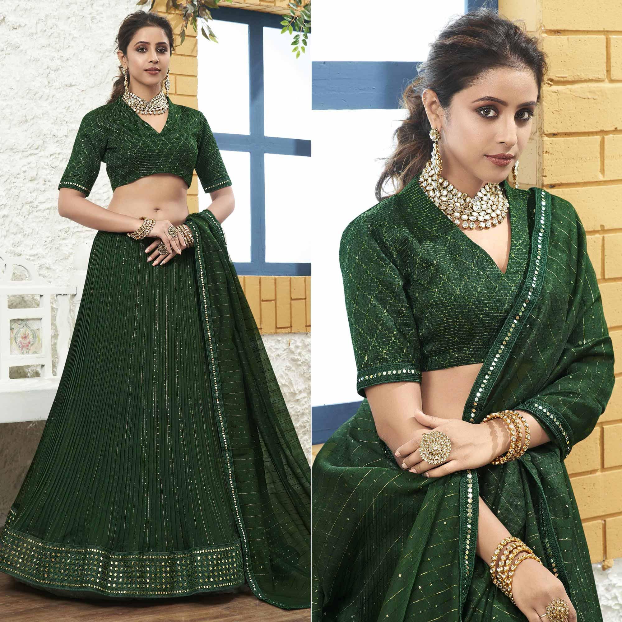 Green Partywear Zari Sequence Embroidered Organza Lehenga Choli - Peachmode