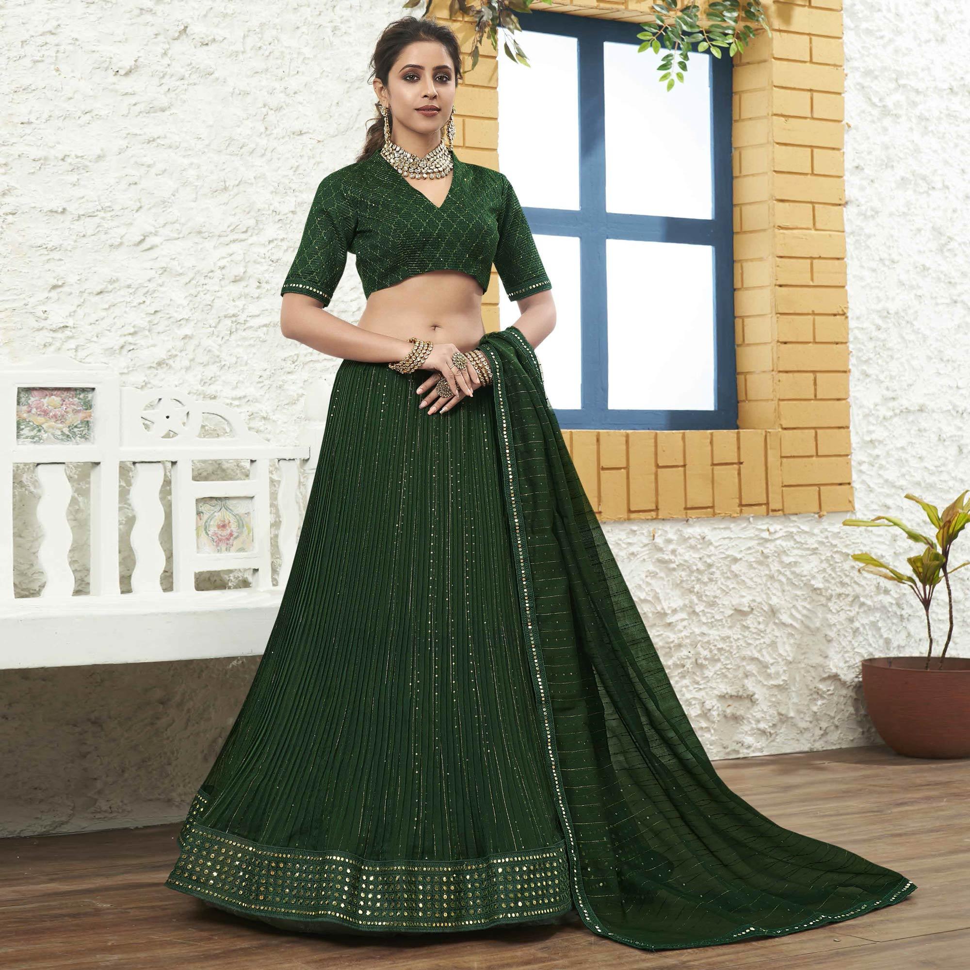 Green Partywear Zari Sequence Embroidered Organza Lehenga Choli - Peachmode