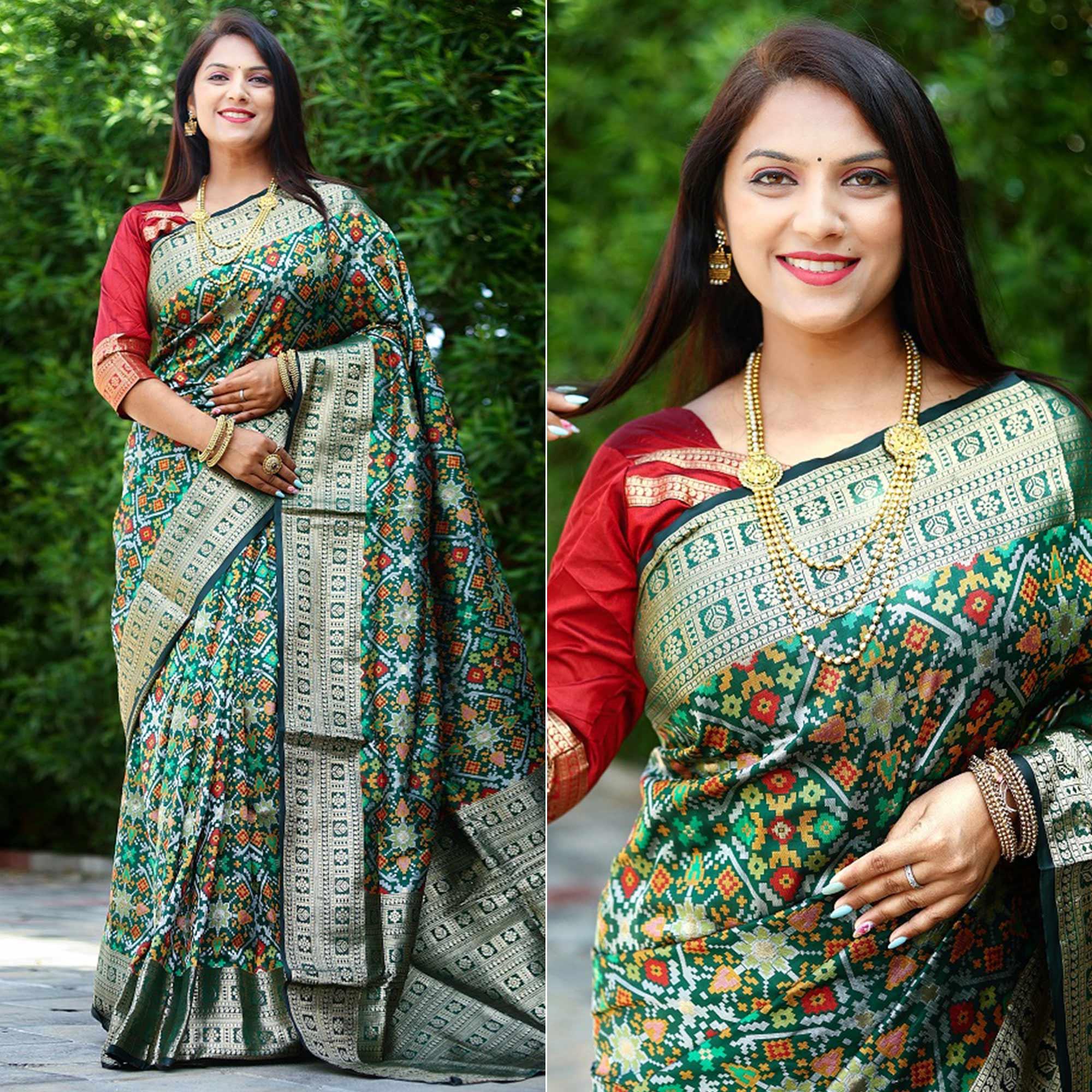 Green Patola Printed Art Silk Saree - Peachmode