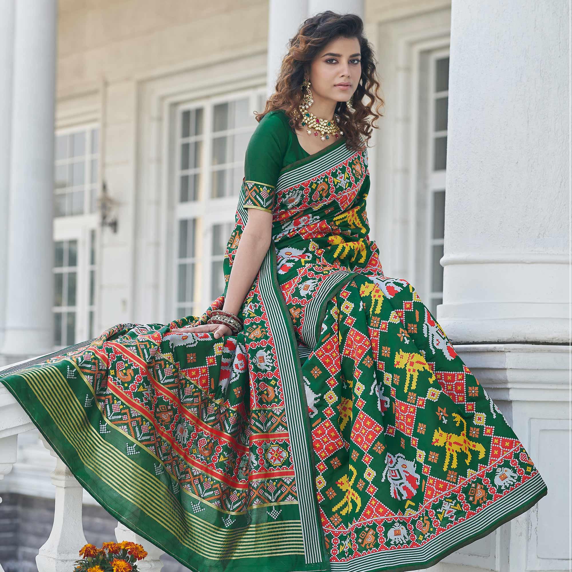 Green Patola Printed Art Silk Saree - Peachmode