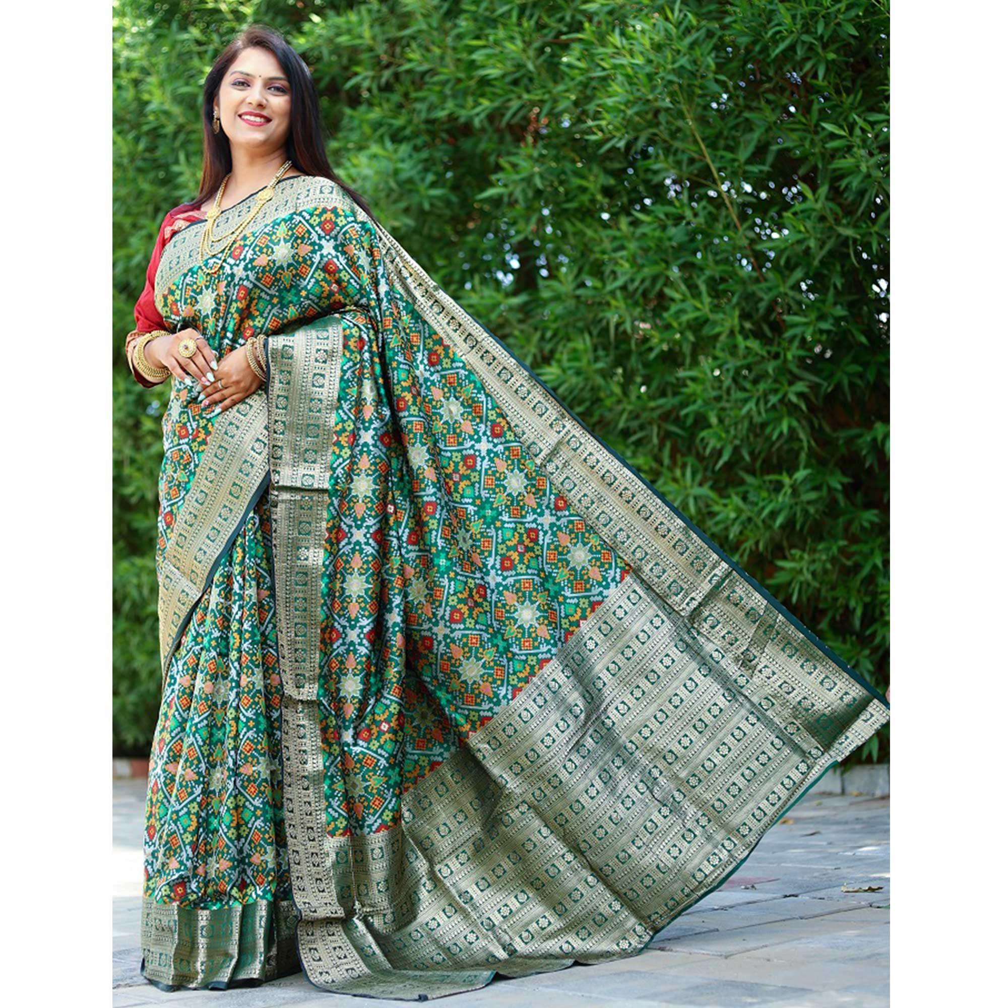 Green Patola Printed Art Silk Saree - Peachmode