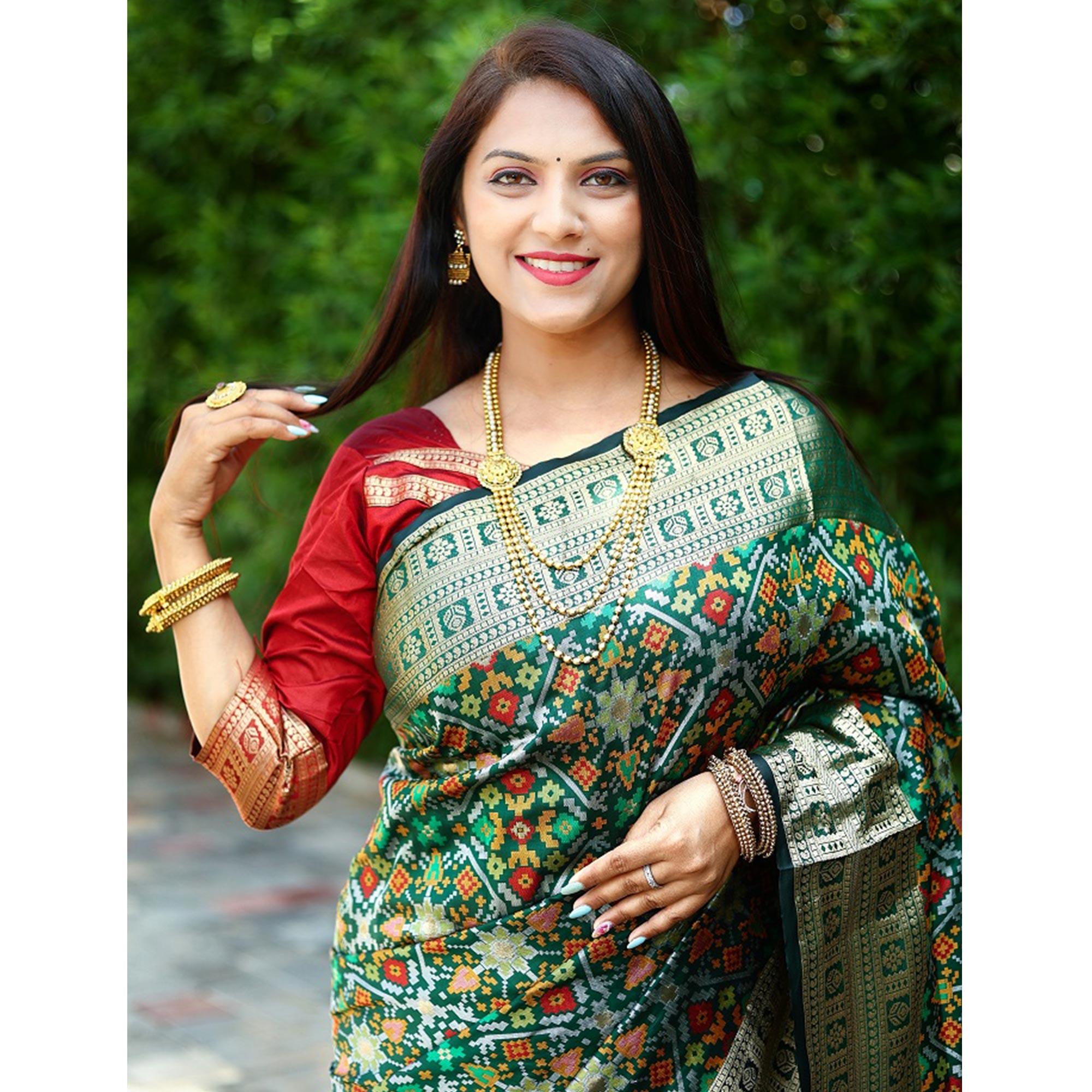 Green Patola Printed Art Silk Saree - Peachmode