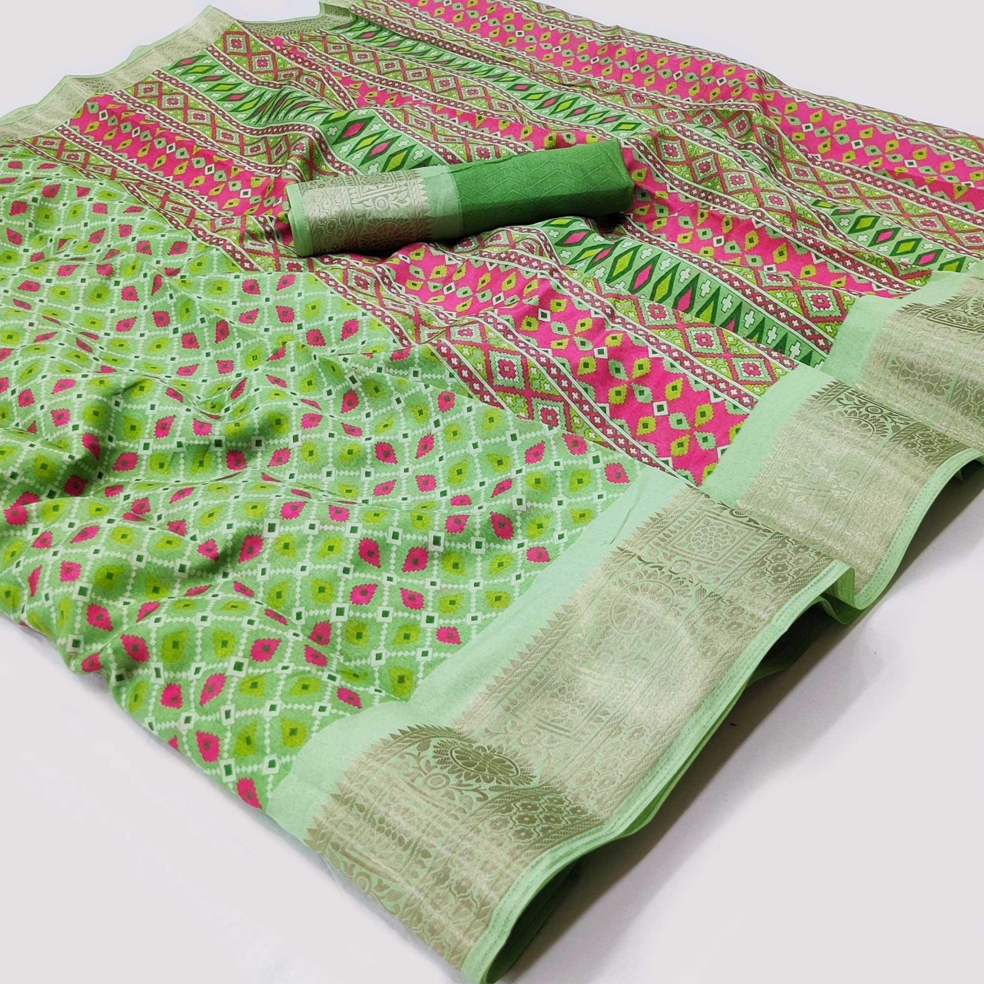 Green Patola Printed Dola Silk Saree - Peachmode