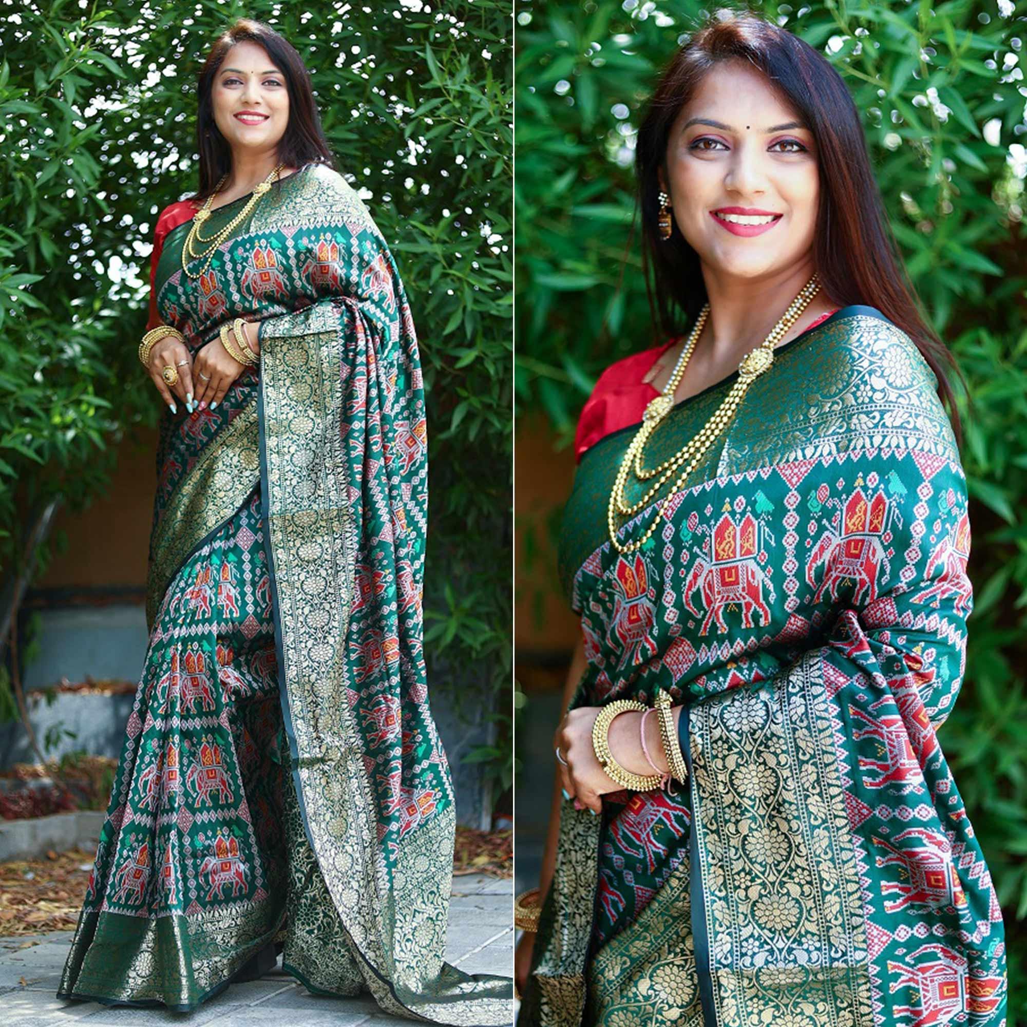 Green Patola Printed Silk Saree - Peachmode