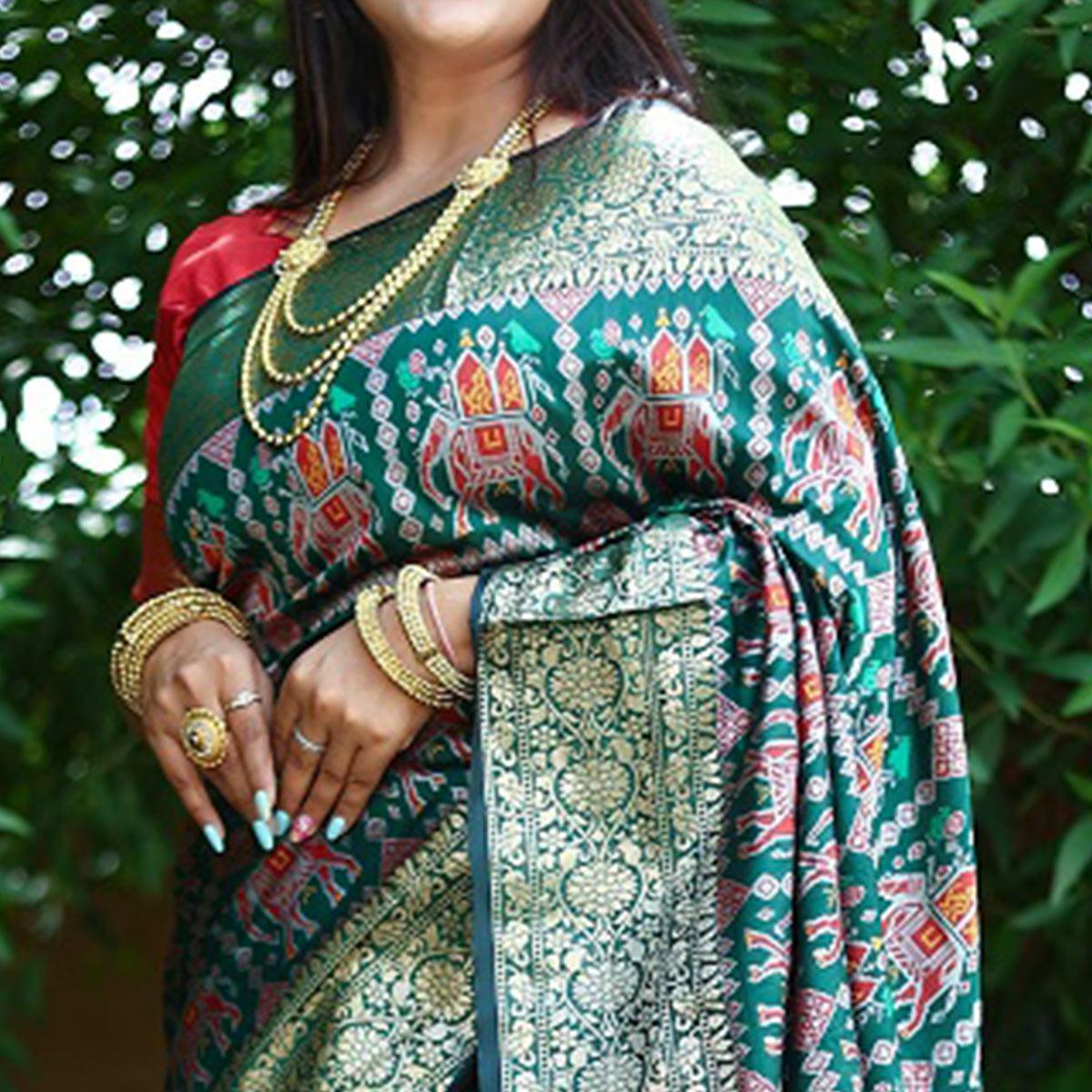 Green Patola Printed Silk Saree - Peachmode