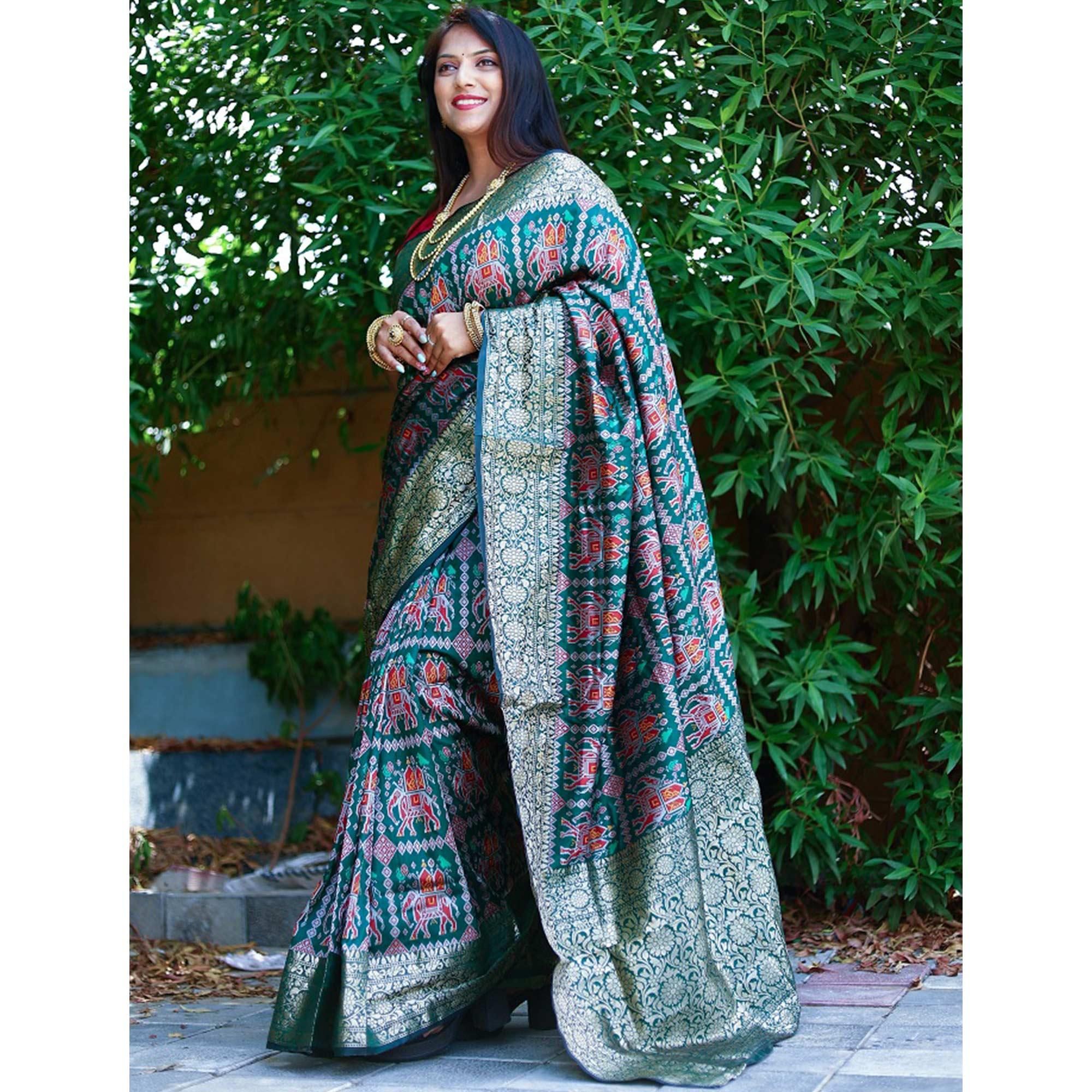 Green Patola Printed Silk Saree - Peachmode